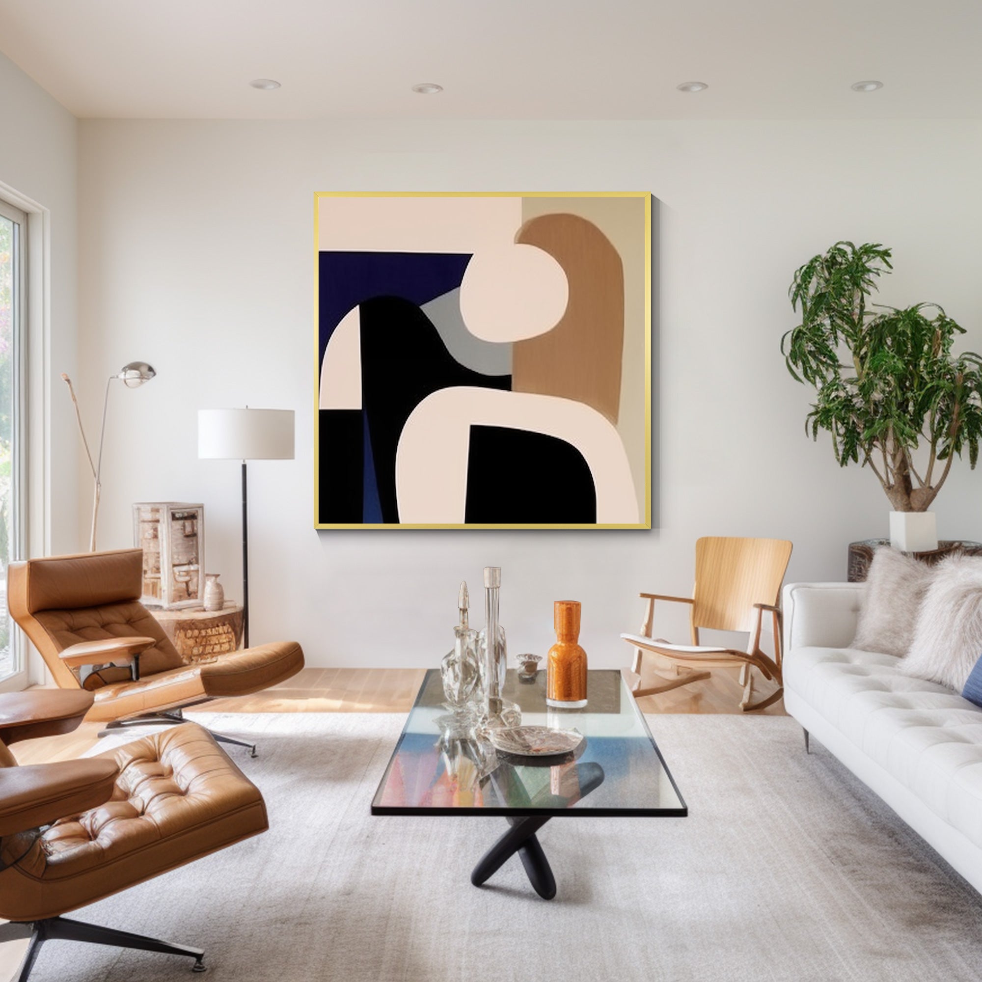 Abstract geometric painting featuring blue, black, and brown tones, showcasing dynamic shapes and modern artistic design