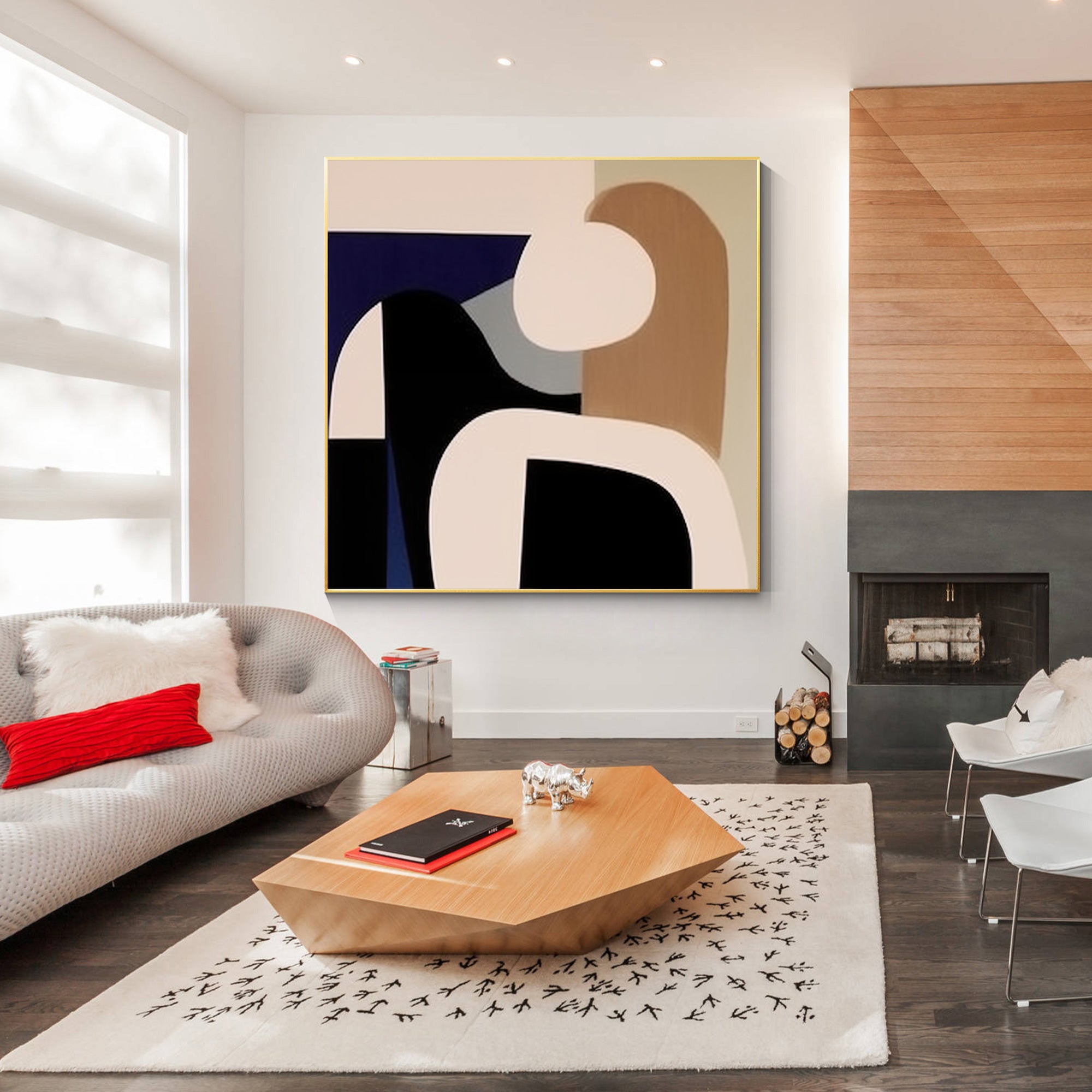 Abstract geometric painting featuring blue, black, and brown tones, showcasing dynamic shapes and modern artistic design