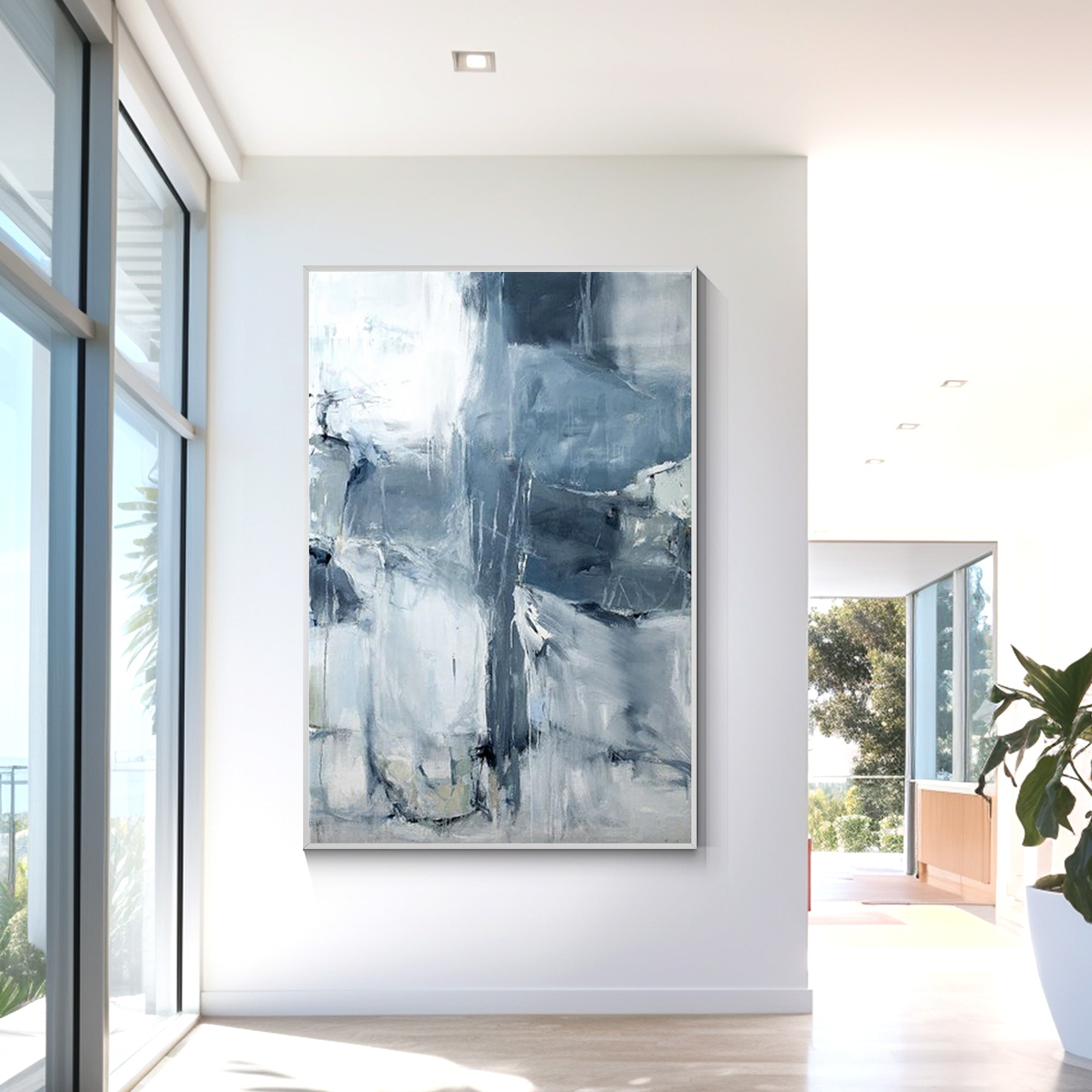 Abstract gray and blue painting with textured brushstrokes, minimalist canvas wall art for modern living rooms or contemporary interiors.