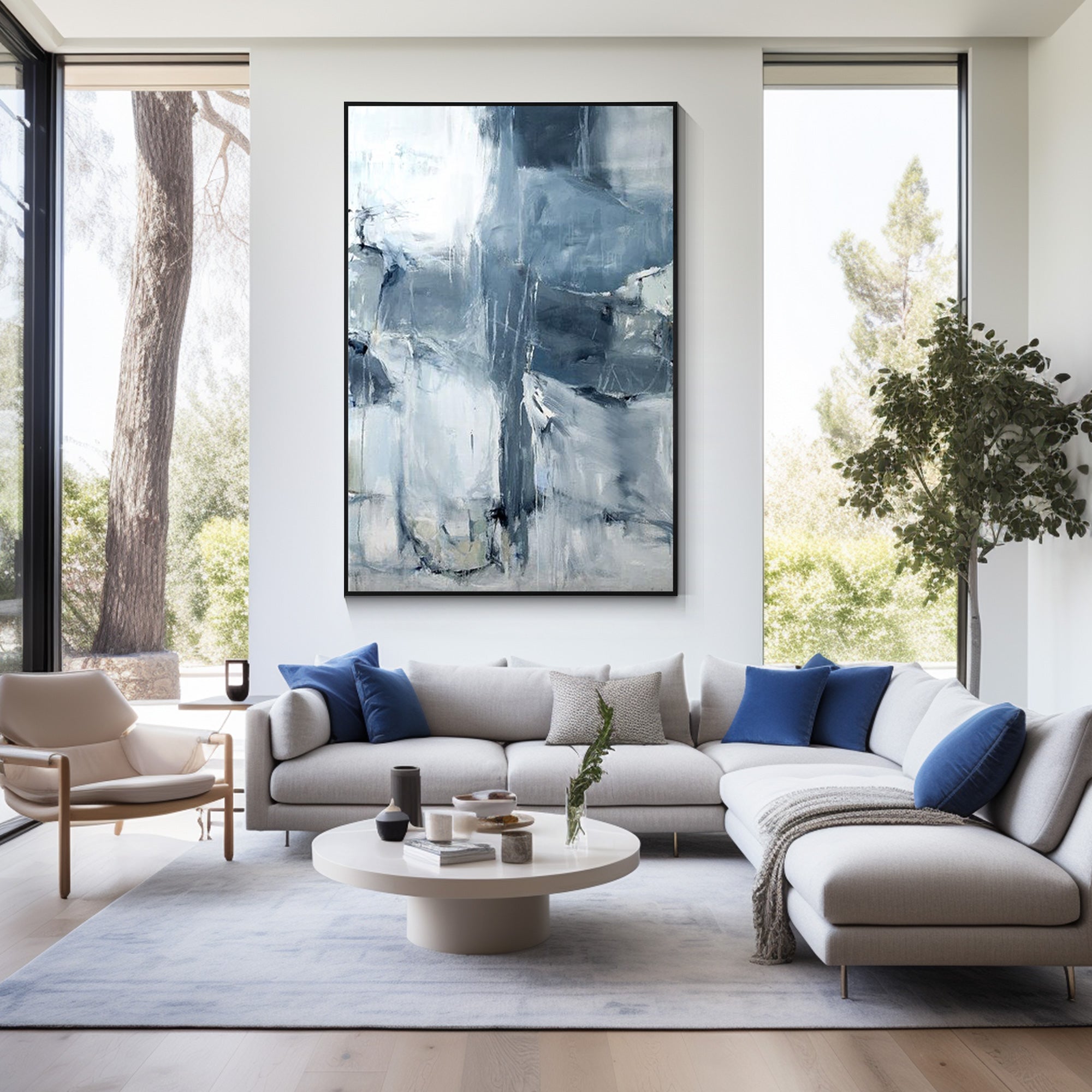Abstract gray and blue painting with textured brushstrokes, minimalist canvas wall art for modern living rooms or contemporary interiors.