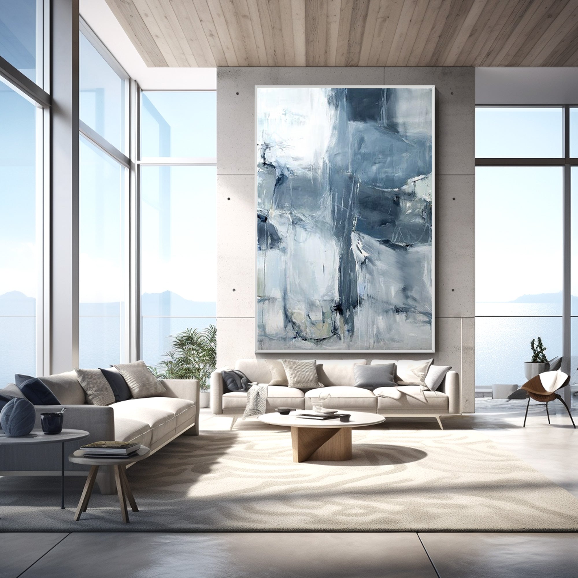 Abstract gray and blue painting with textured brushstrokes, minimalist canvas wall art for modern living rooms or contemporary interiors.