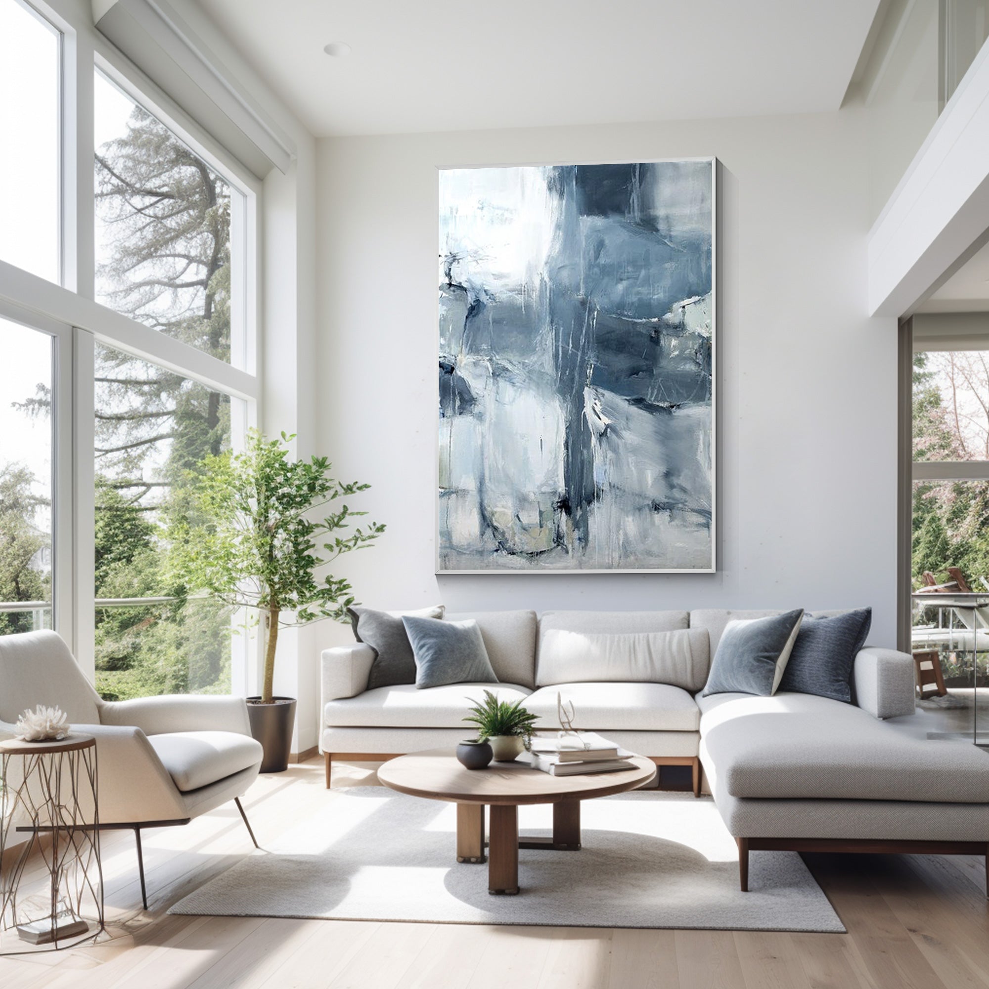 Abstract gray and blue painting with textured brushstrokes, minimalist canvas wall art for modern living rooms or contemporary interiors.