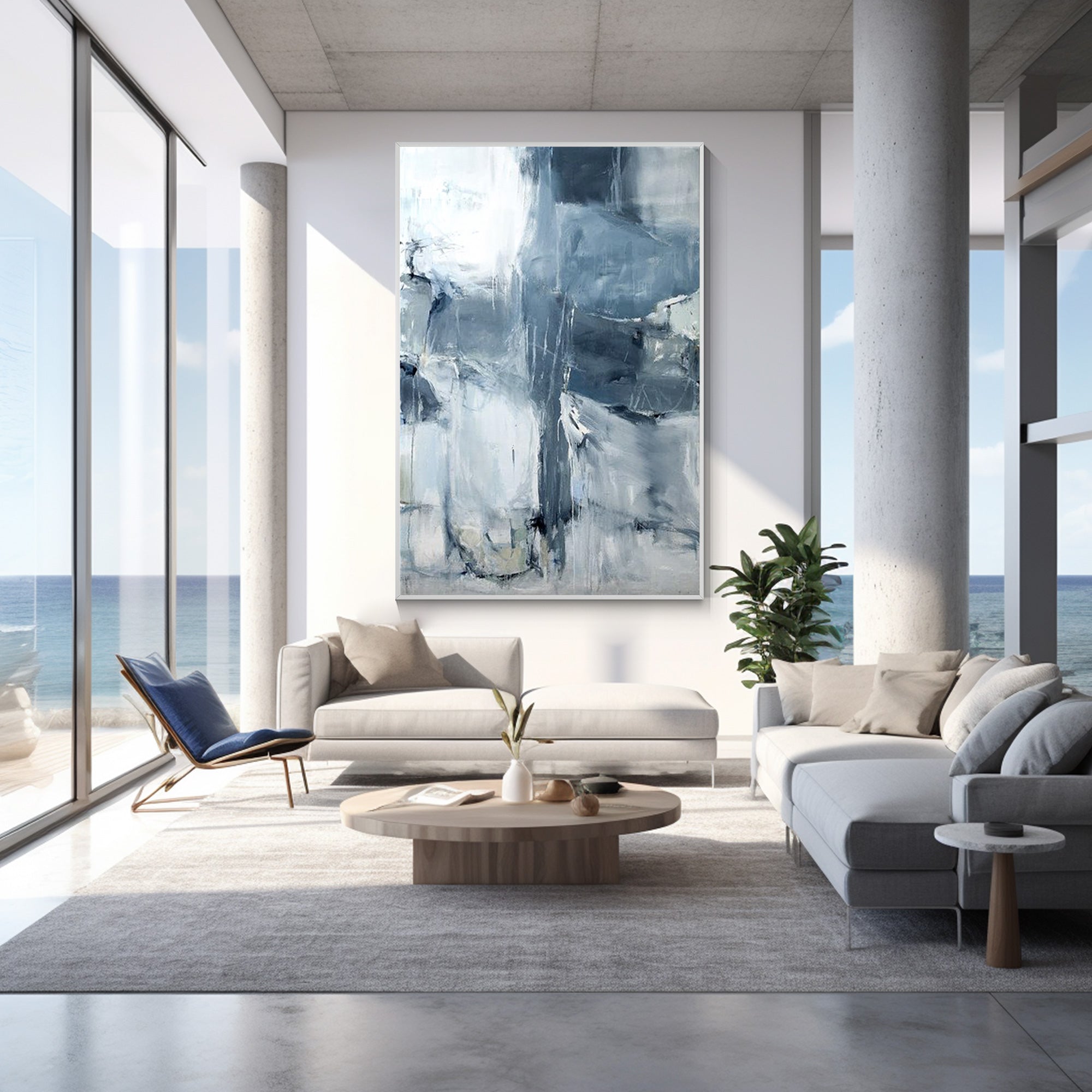 Abstract gray and blue painting with textured brushstrokes, minimalist canvas wall art for modern living rooms or contemporary interiors.