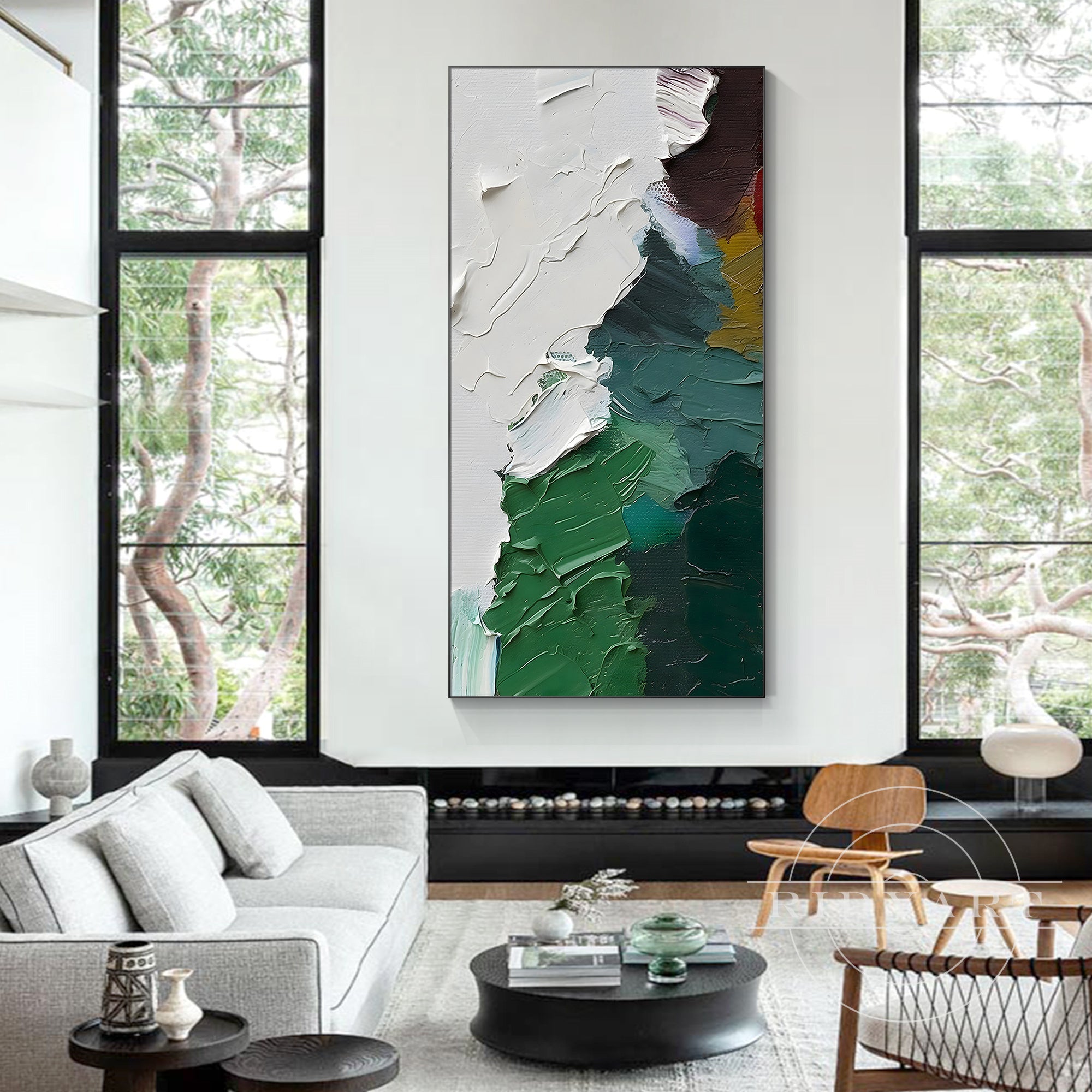 Green and white abstract landscape art with rich texture