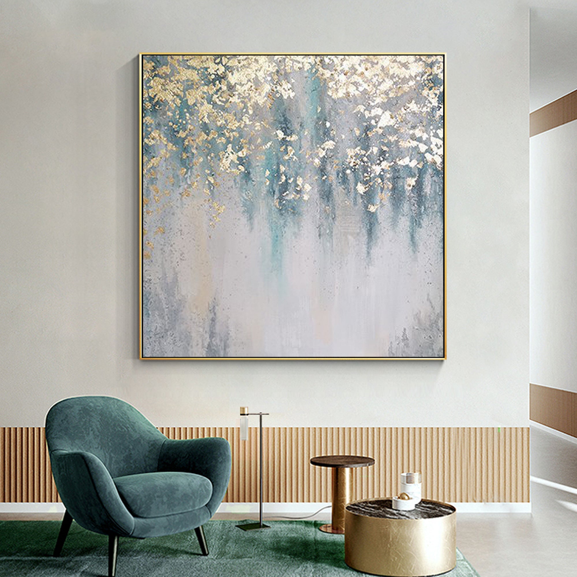 Abstract Hand-Painted Blue and Gold Oil Artwork