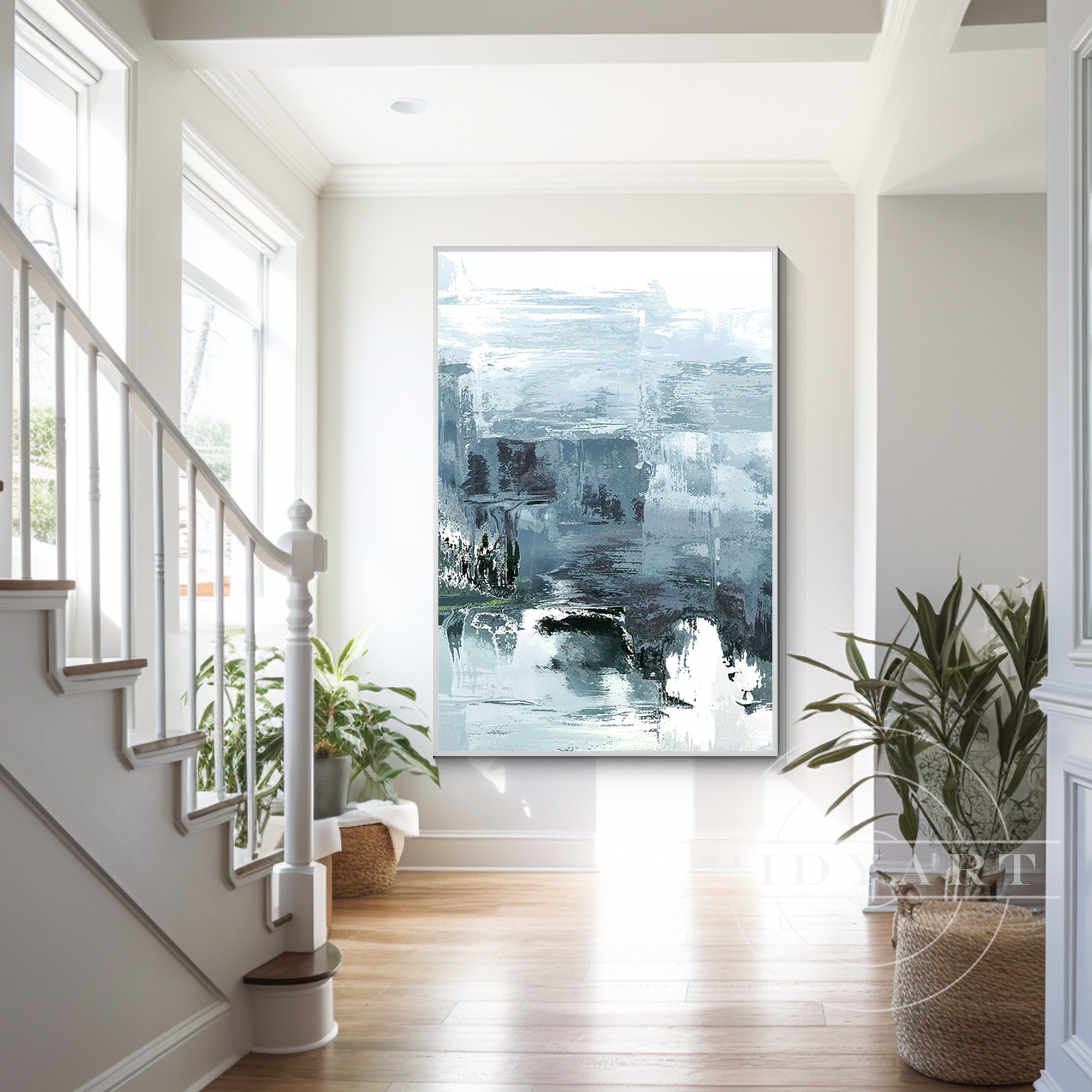 Abstract minimalist landscape painting in blue, gray, and white tones, large canvas wall art with textured palette knife strokes depicting water and sky in a serene, modern style.