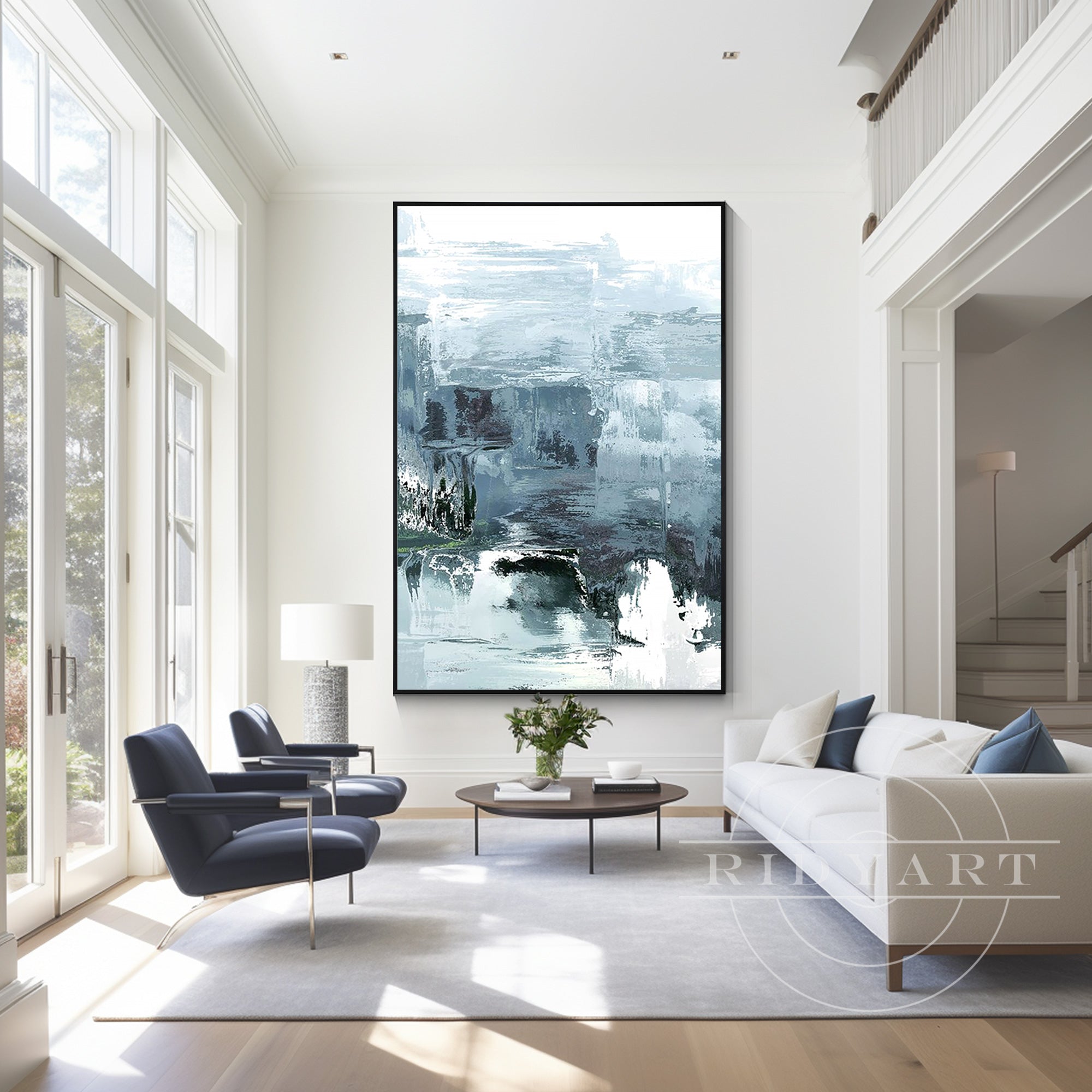 Abstract minimalist landscape painting in blue, gray, and white tones, large canvas wall art with textured palette knife strokes depicting water and sky in a serene, modern style.