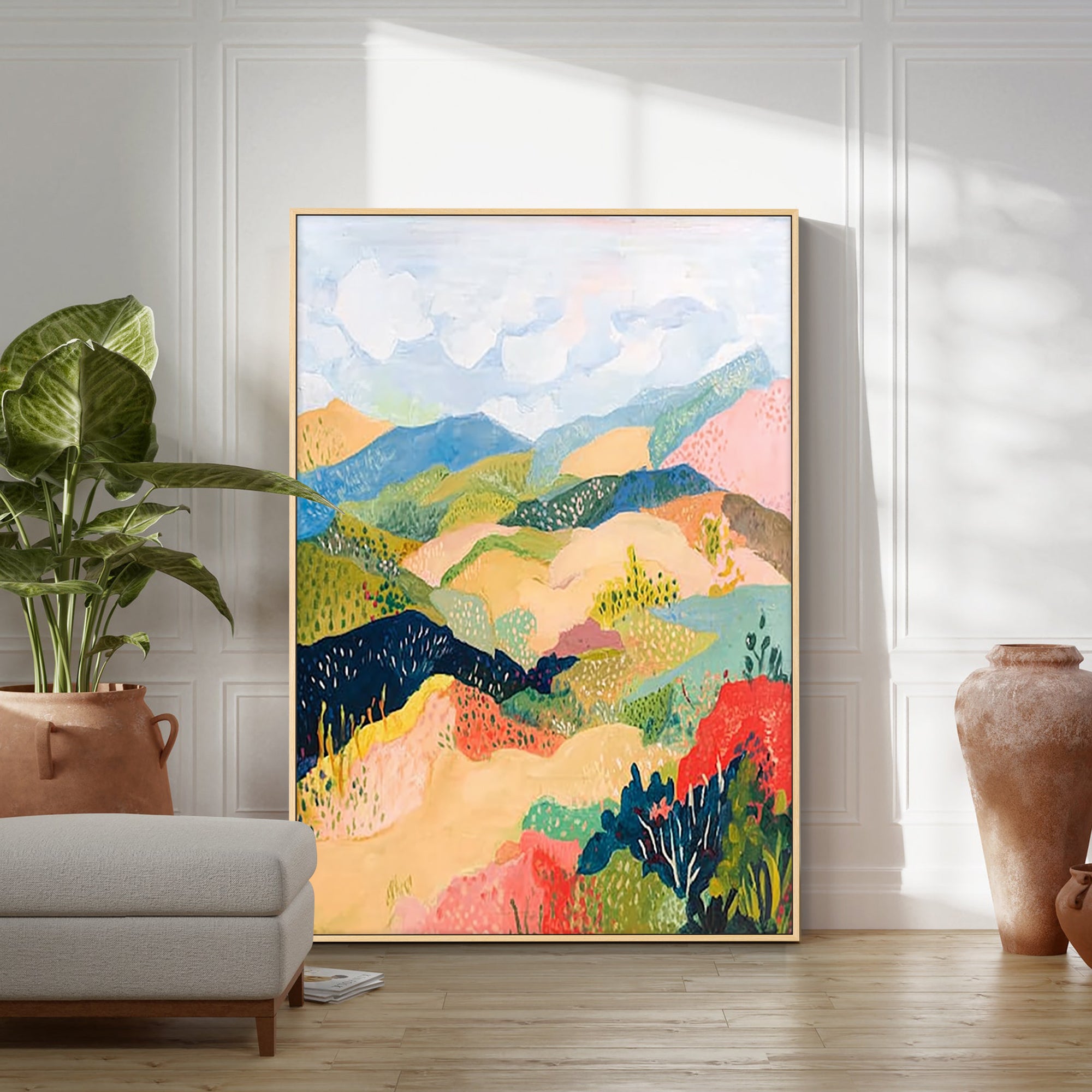 beige green abstract mountain painting colorful wall art