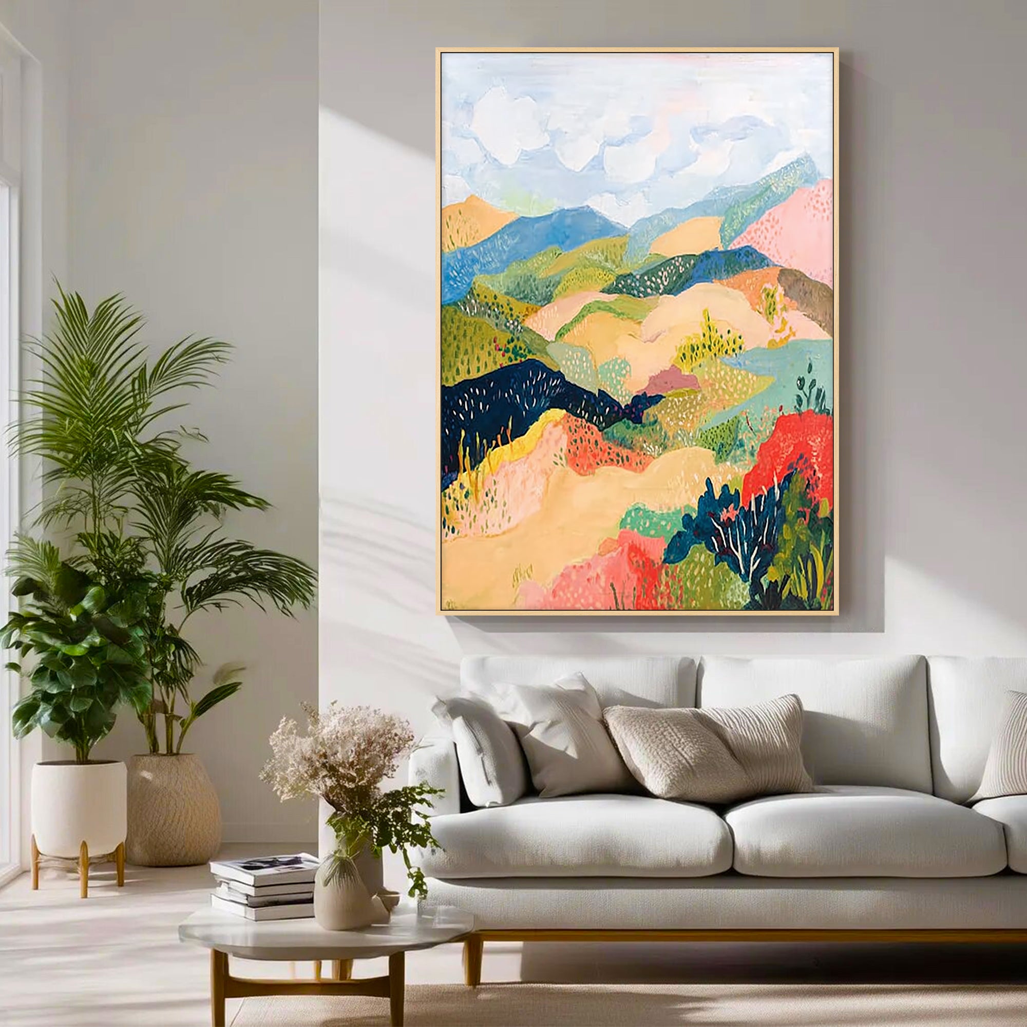 abstract mountain canvas beige green vibrant wall art