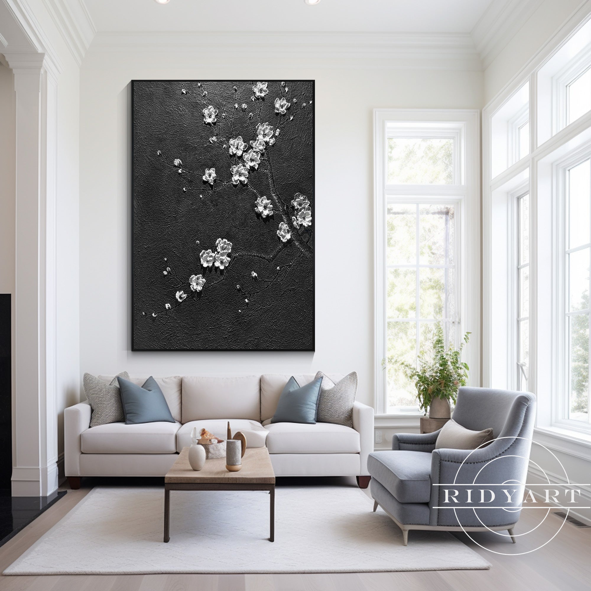 Black White 3D White Flower Abstract Textured Painting