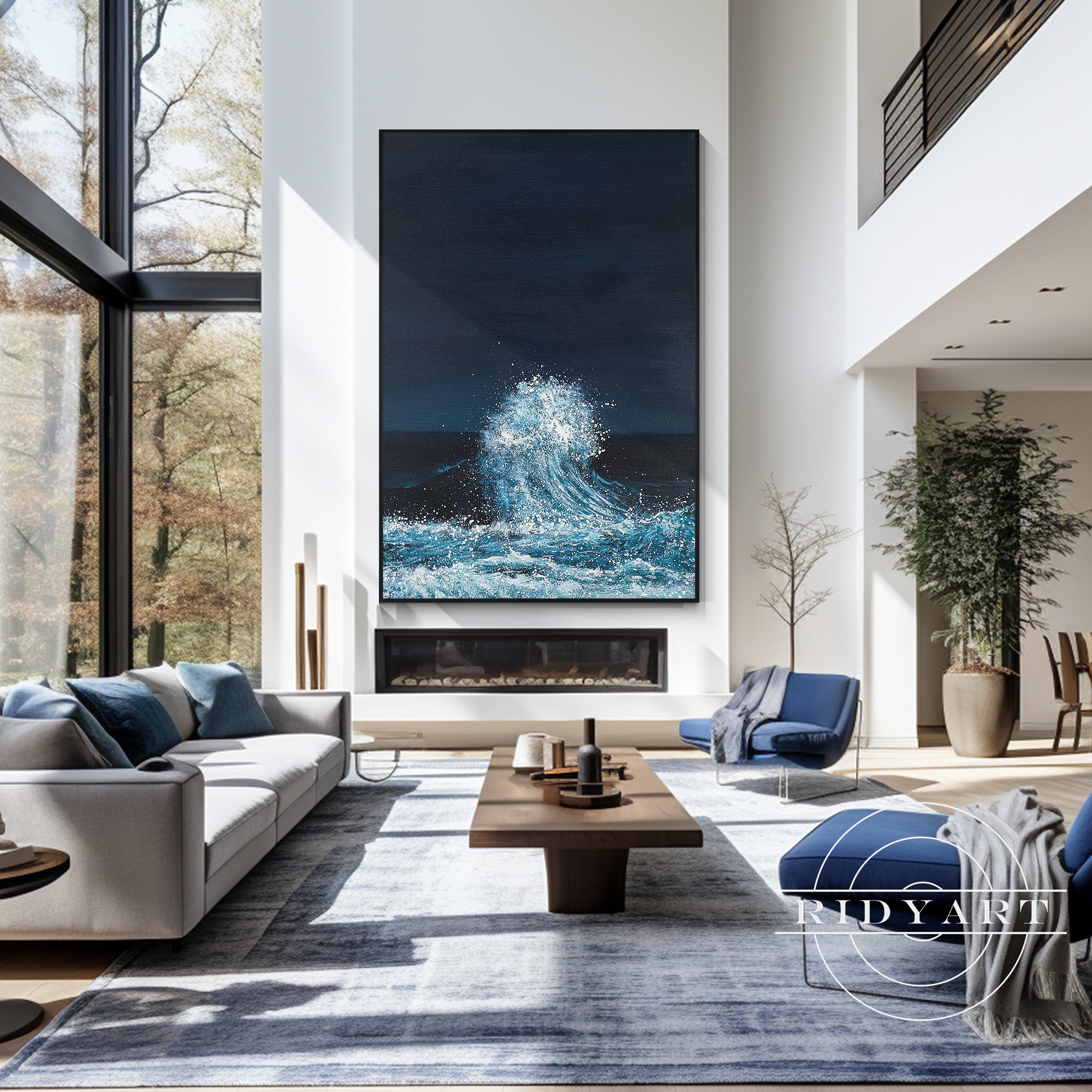 Hand-painted navy blue abstract textured ocean wall art for modern home decor