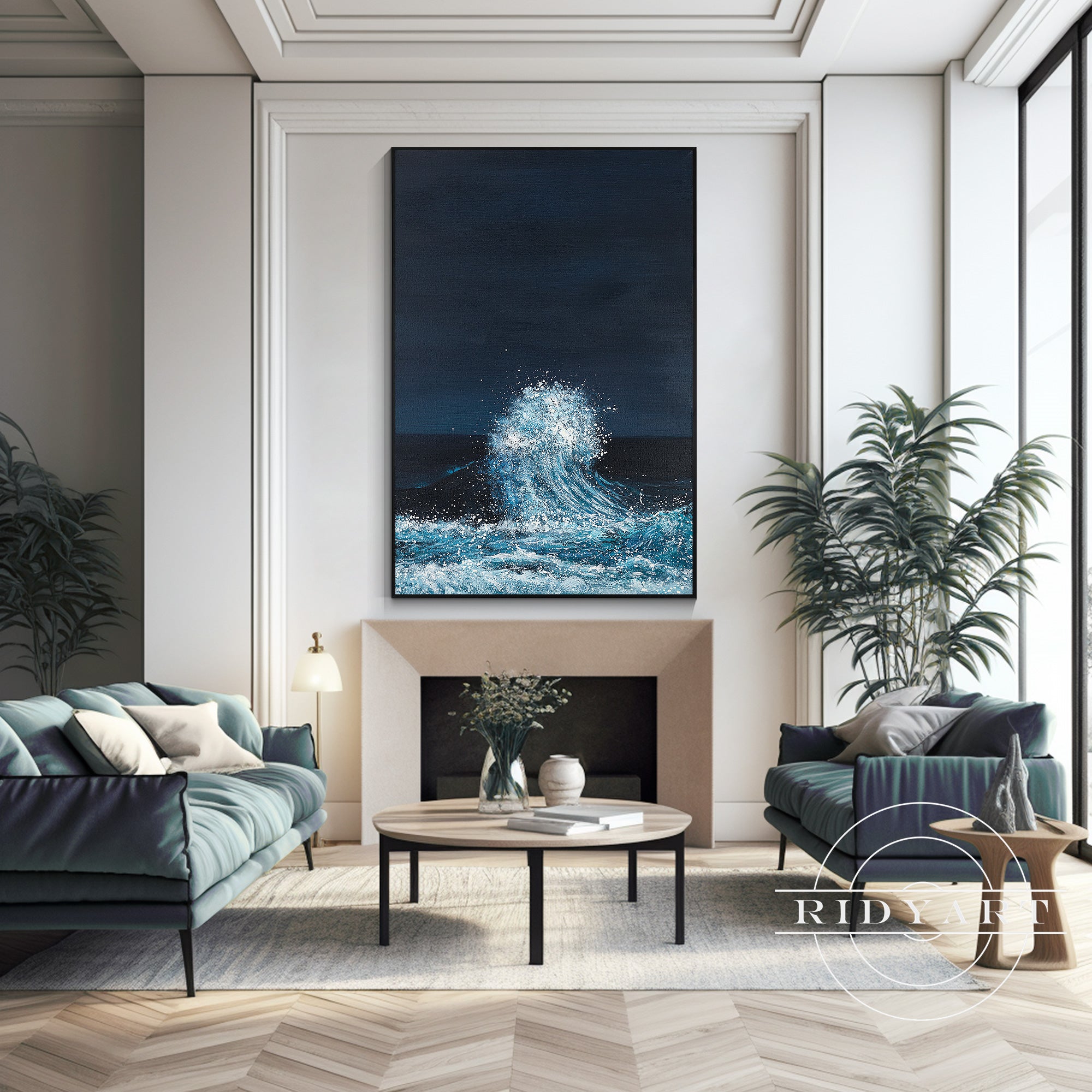 Hand-painted navy blue abstract textured ocean wall art for modern home decor