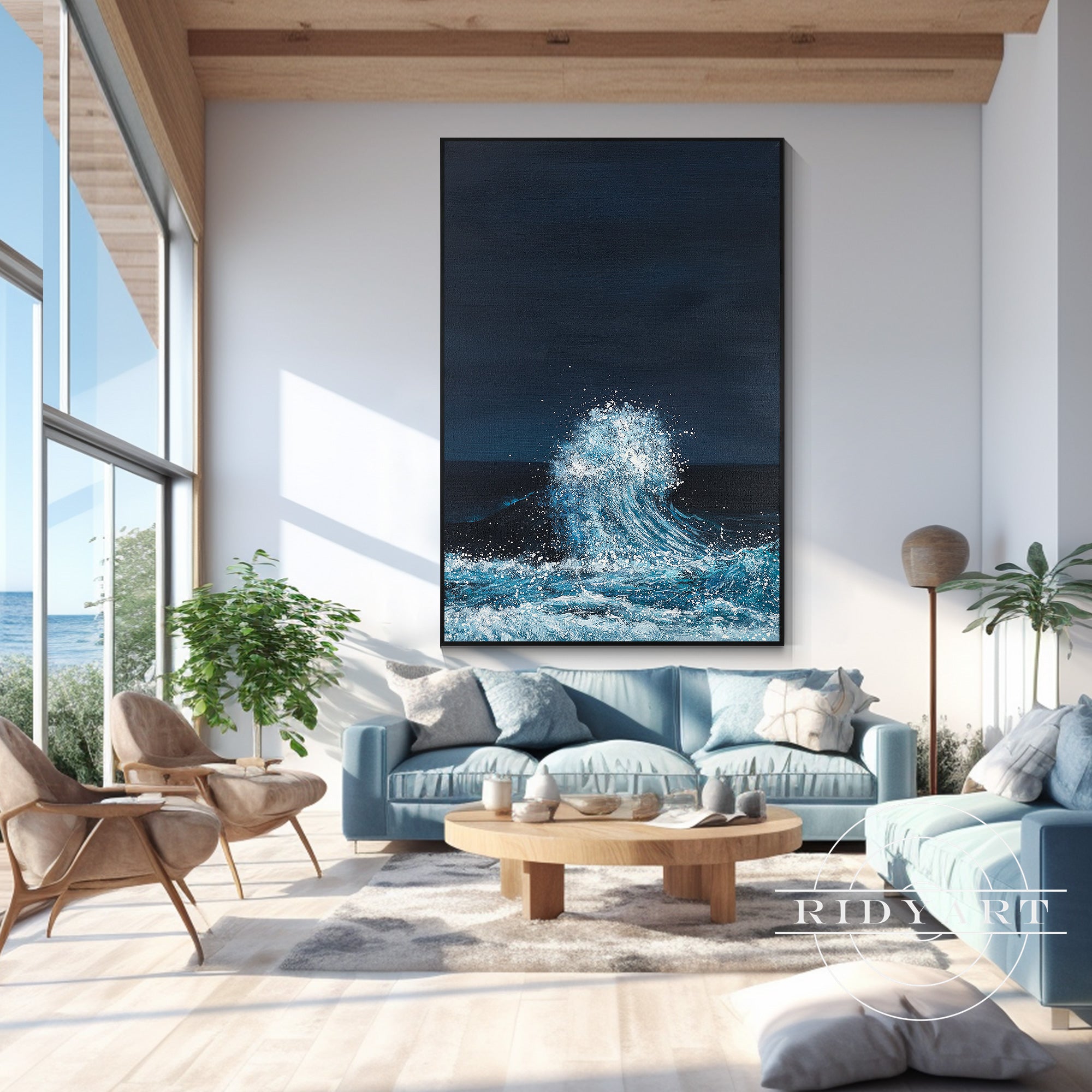 Hand-painted navy blue abstract textured ocean wall art for modern home decor