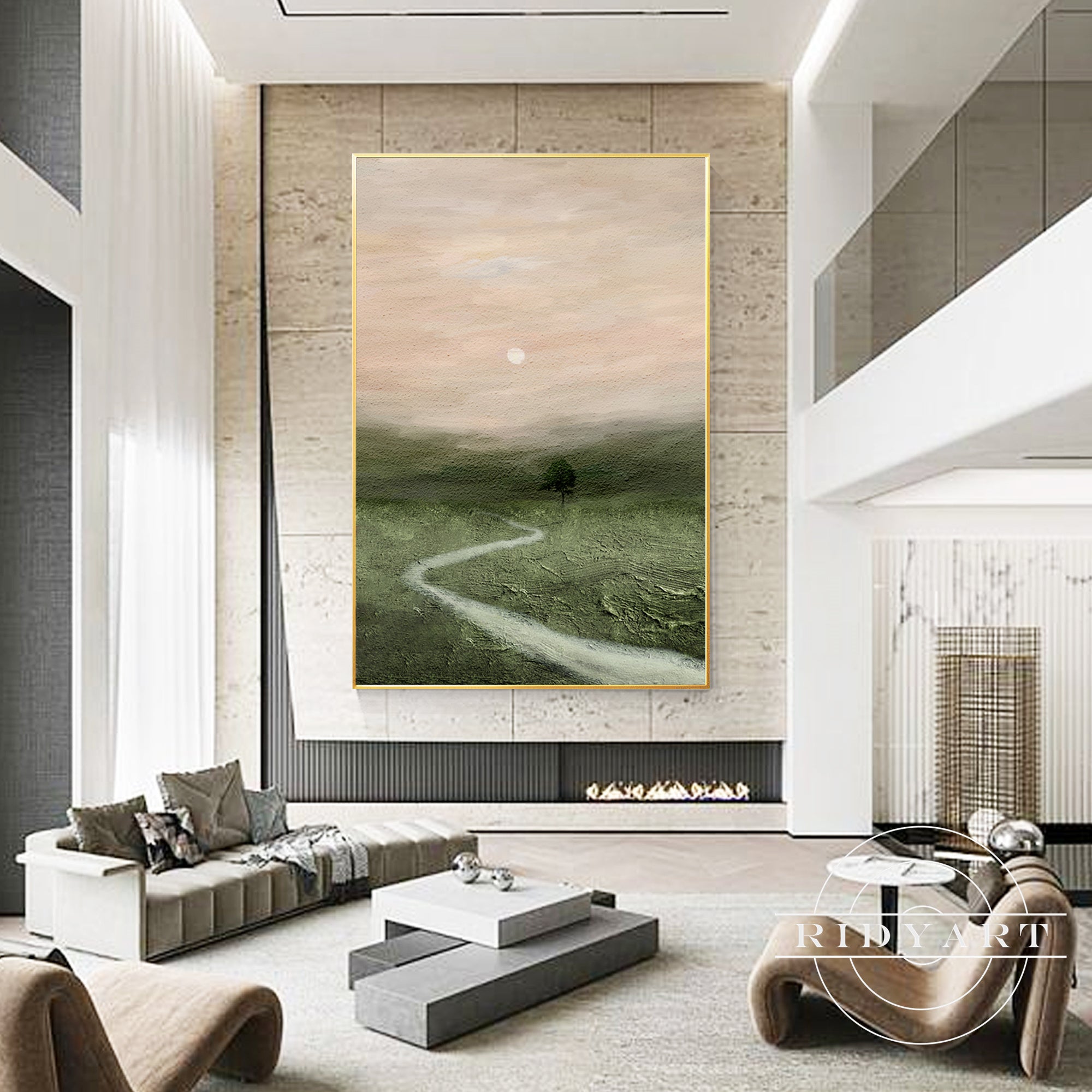 Grünes Landschaftsölgemälde, neutrale Wandkunst