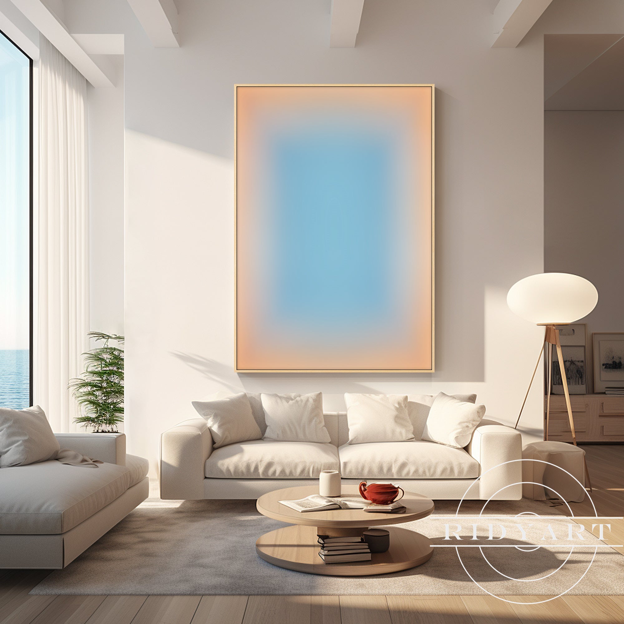 Soft blue and peach gradient abstract canvas wall art in wooden frame