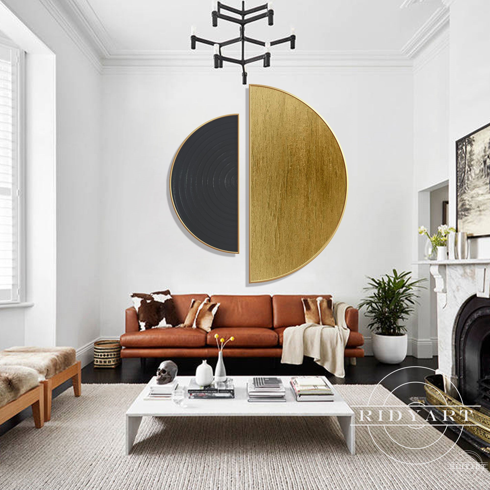 modern luxury black gold circle wall art textured painting