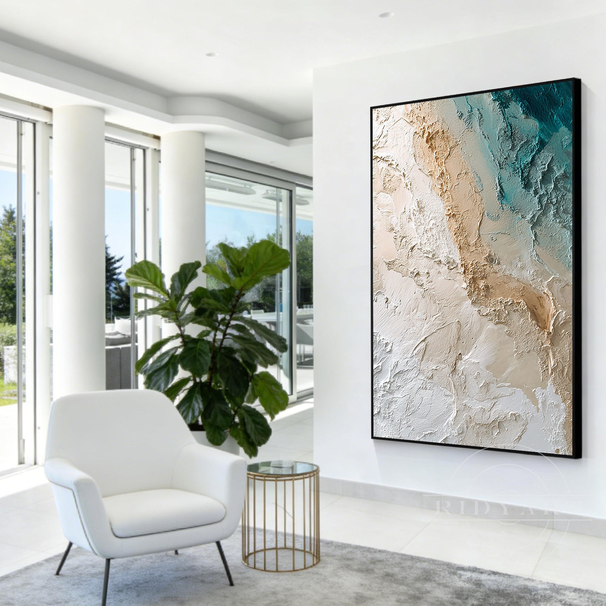 luxury beige teal coastal textured ocean wall art