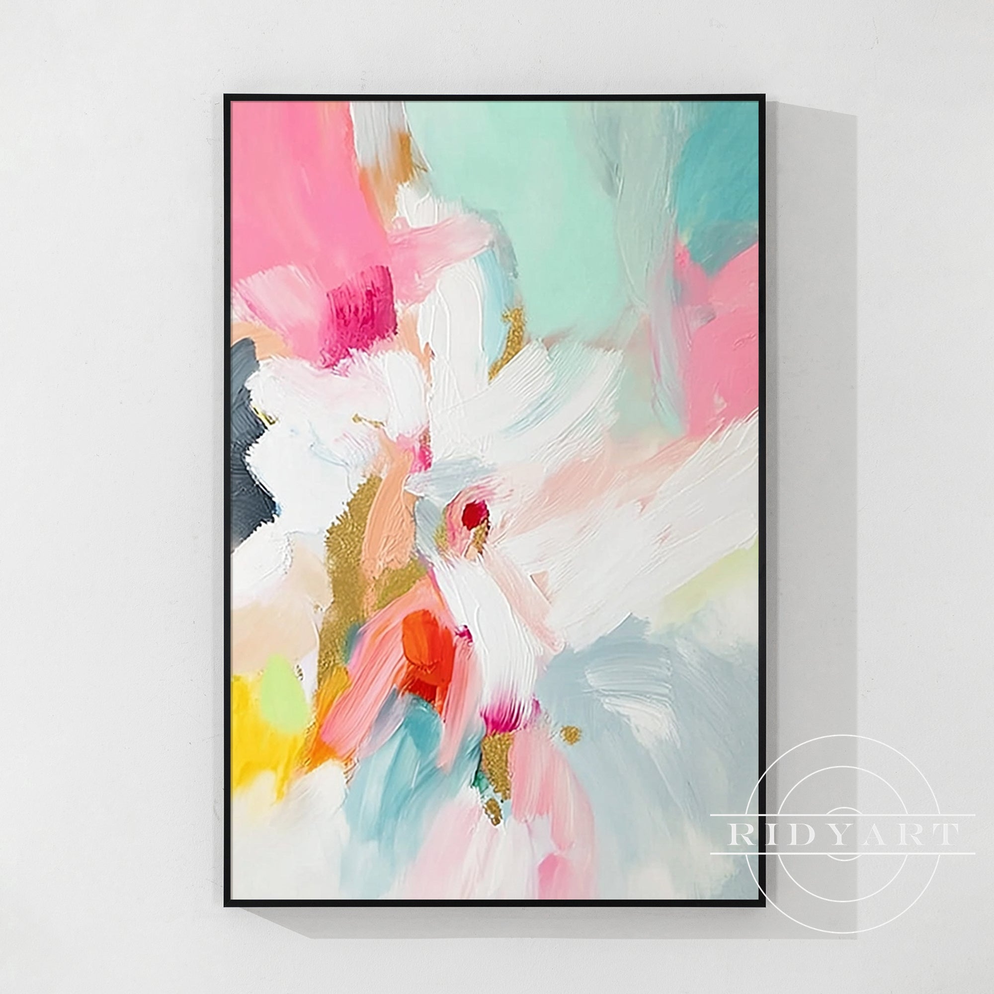 Abstract art with colorful brush strokes on a white background, featuring the brand 'RIDYART'.