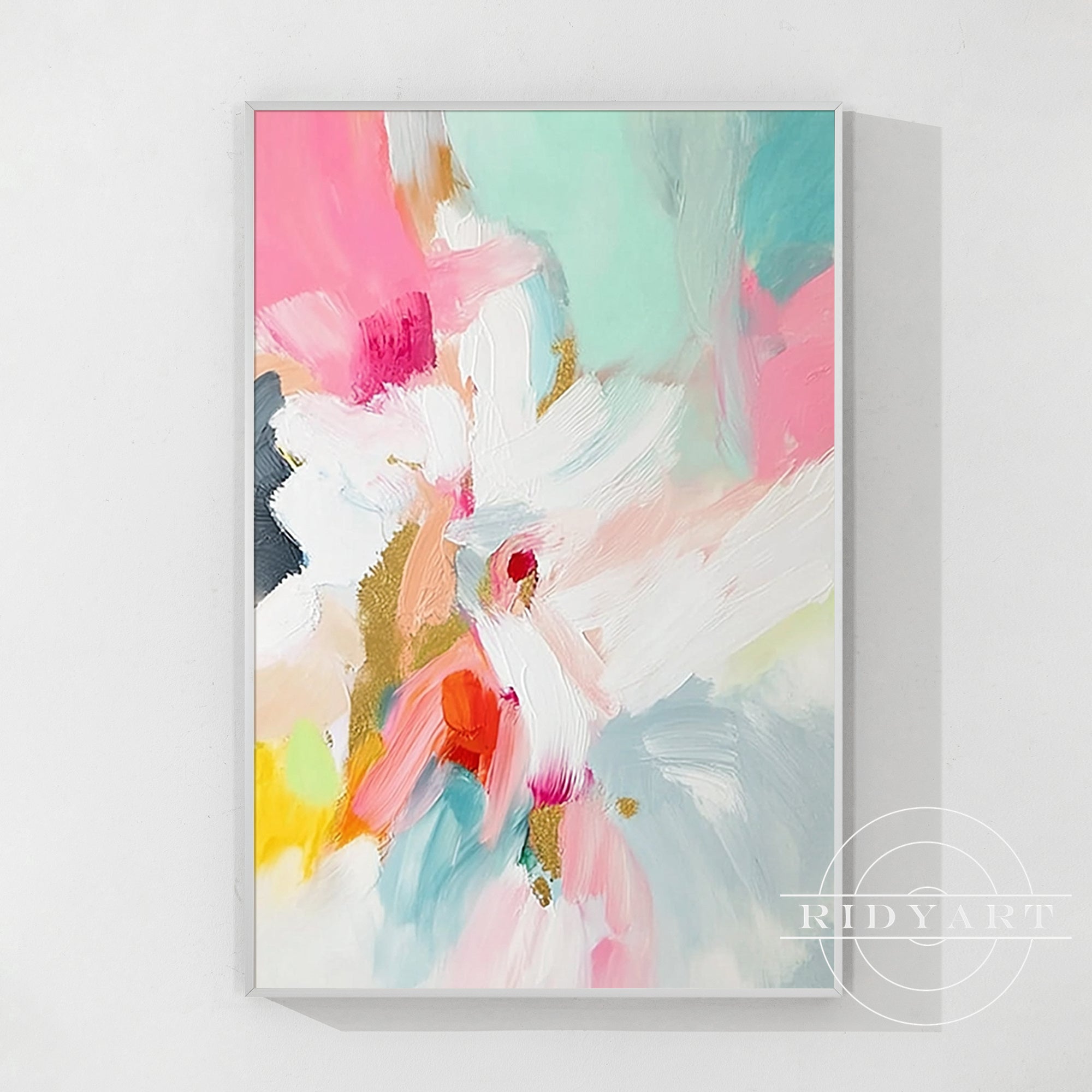 Abstract art print with colorful brush strokes on a white background, featuring the brand 'Ridy Art'.