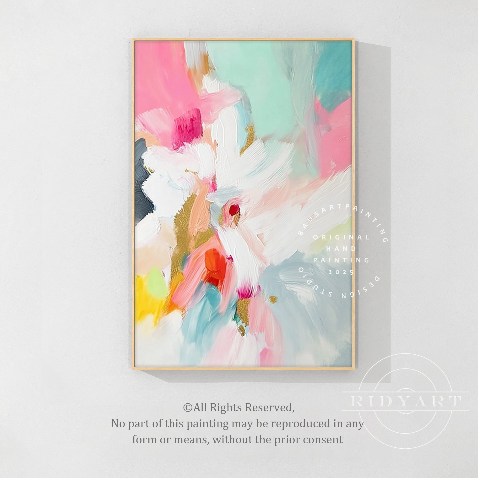 Abstract painting with pink, white, and blue colors on a white wall.