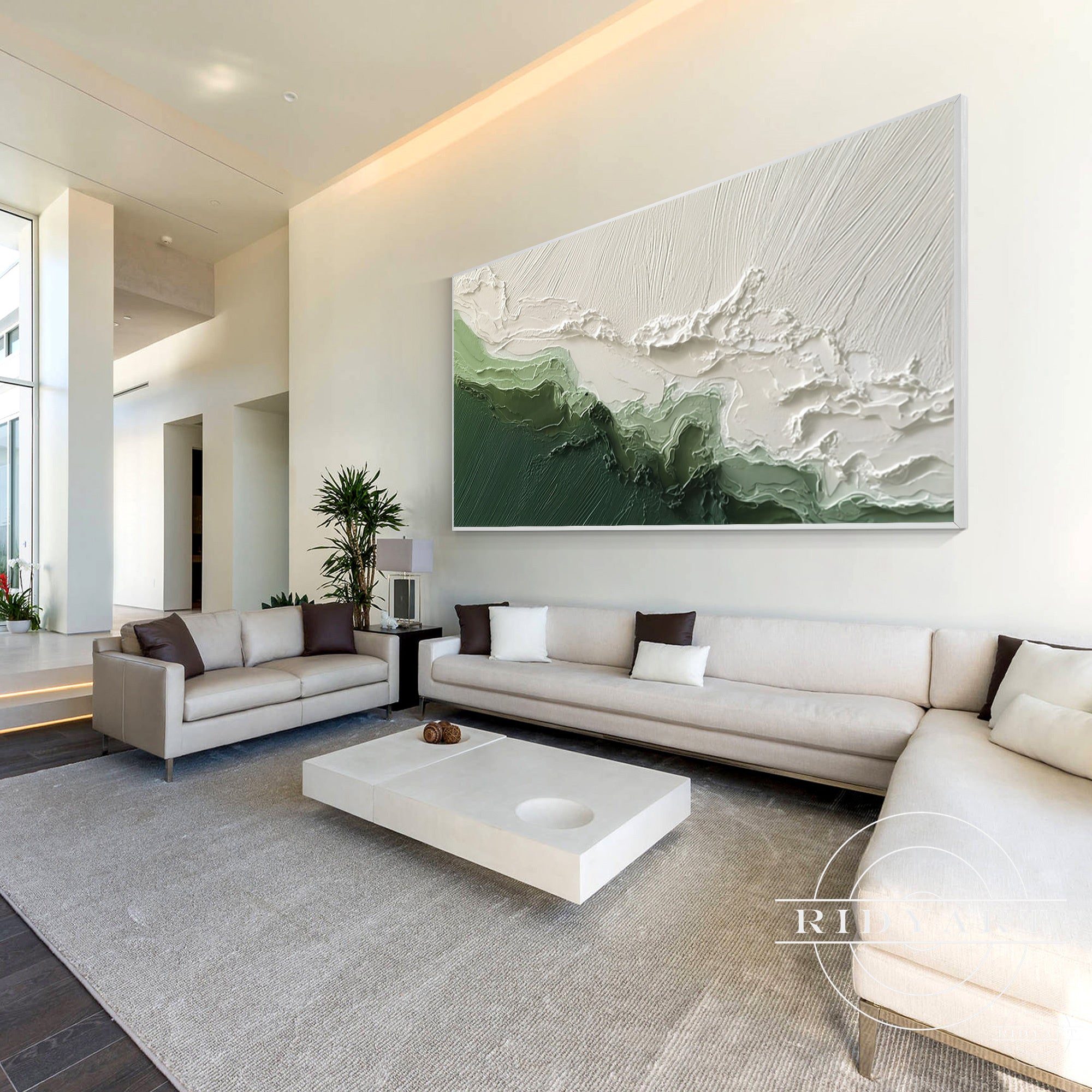 Sage green ocean wave abstract painting