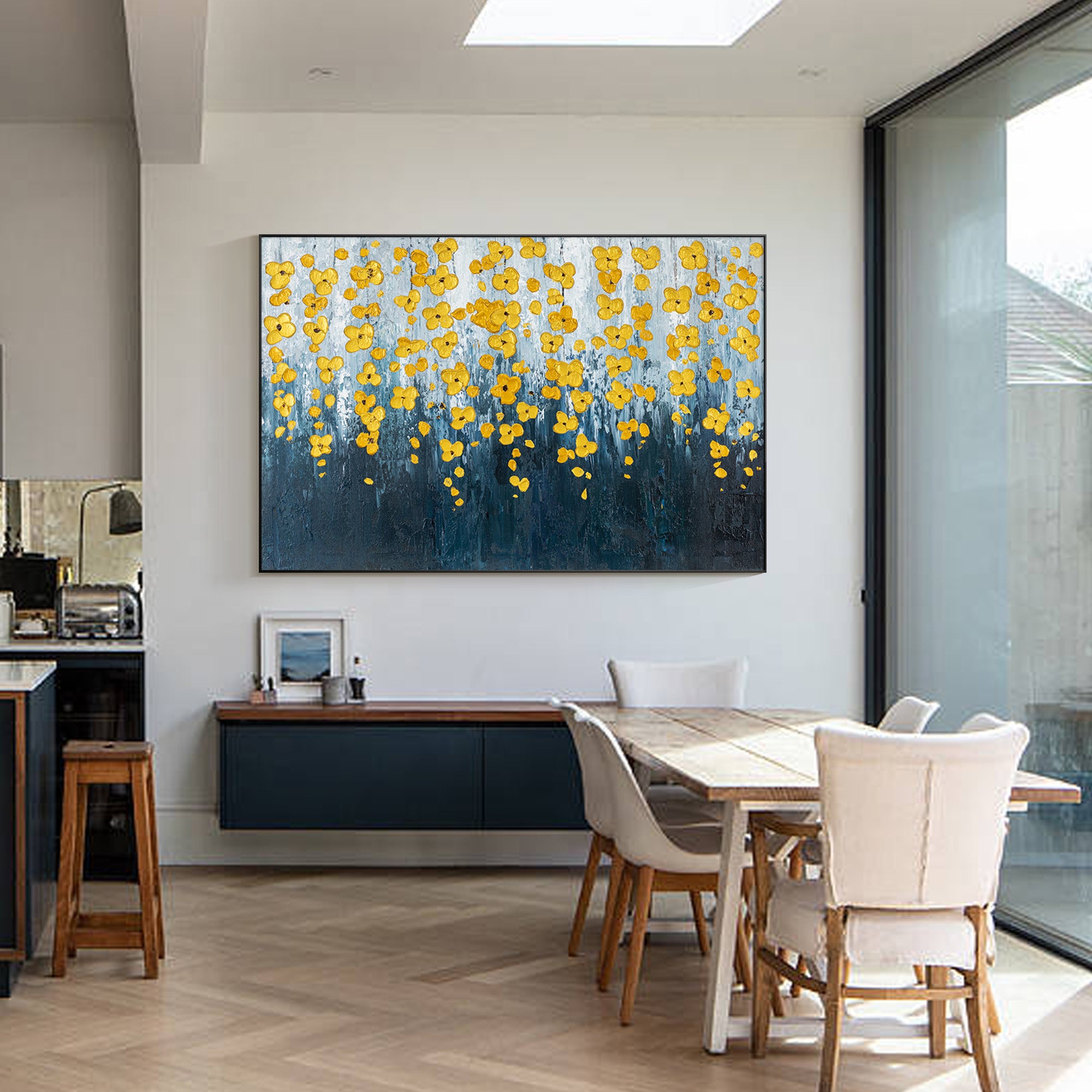 Navy Blue Gold Flower Art