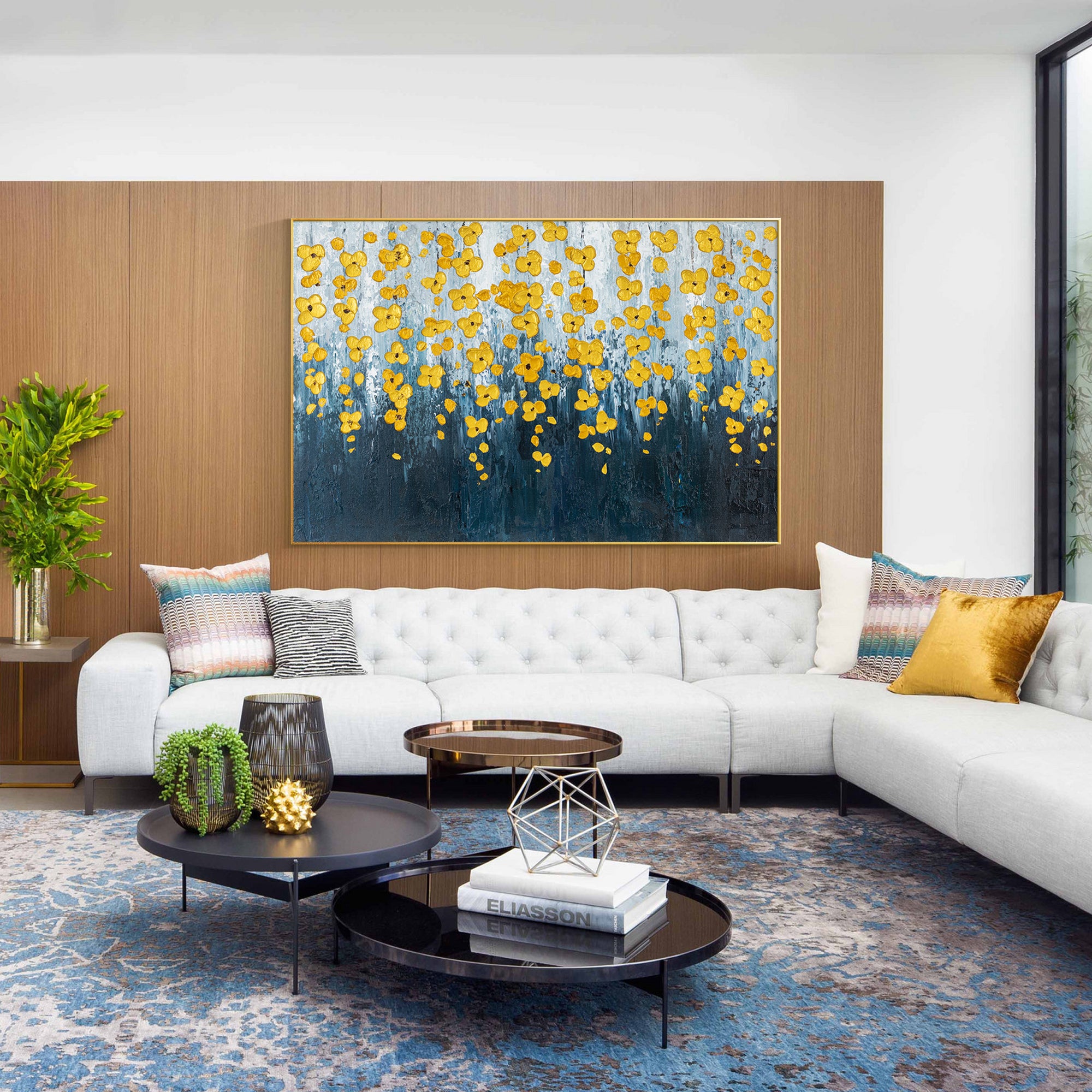 Navy Blue Gold Flower Art