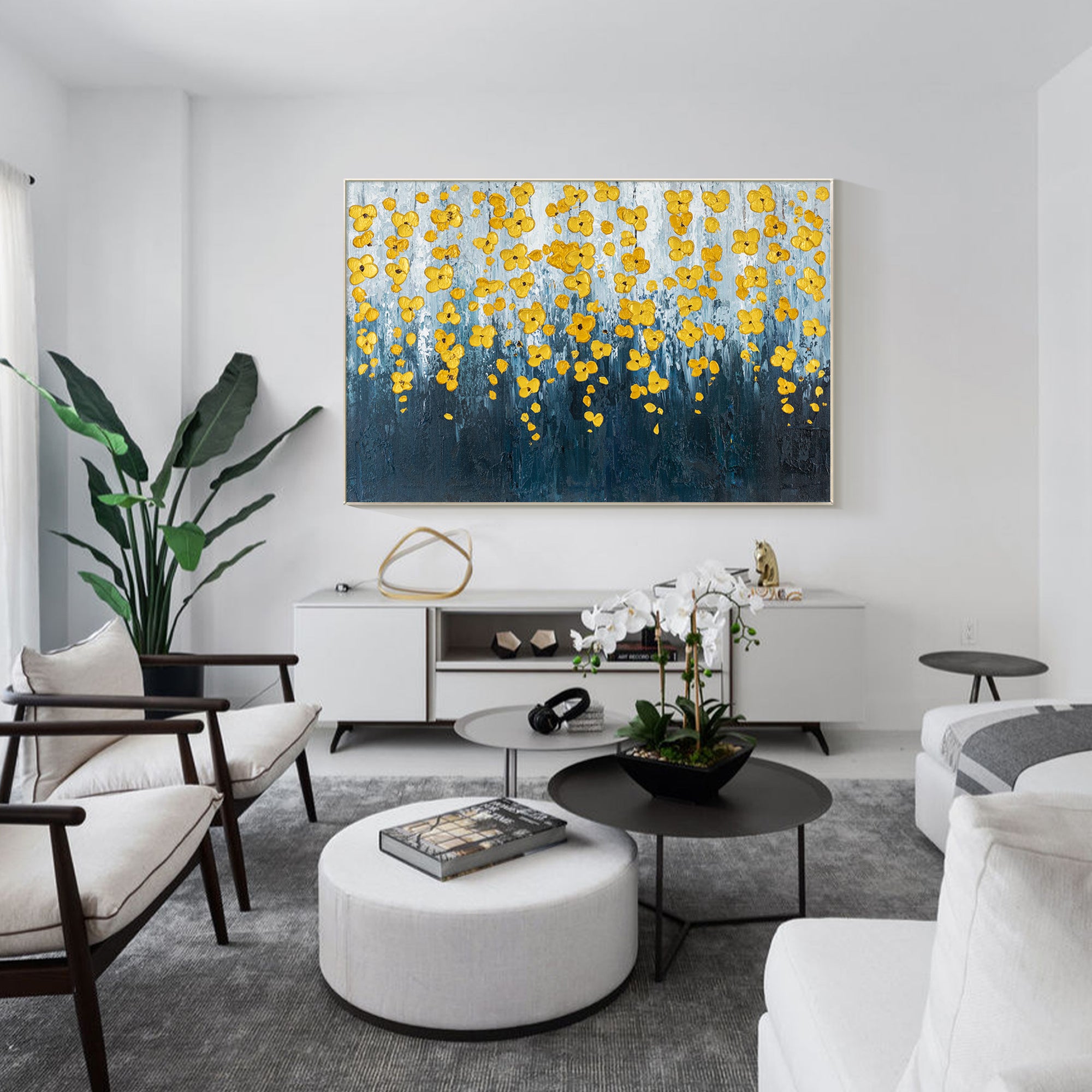 Navy Blue Gold Flower Art