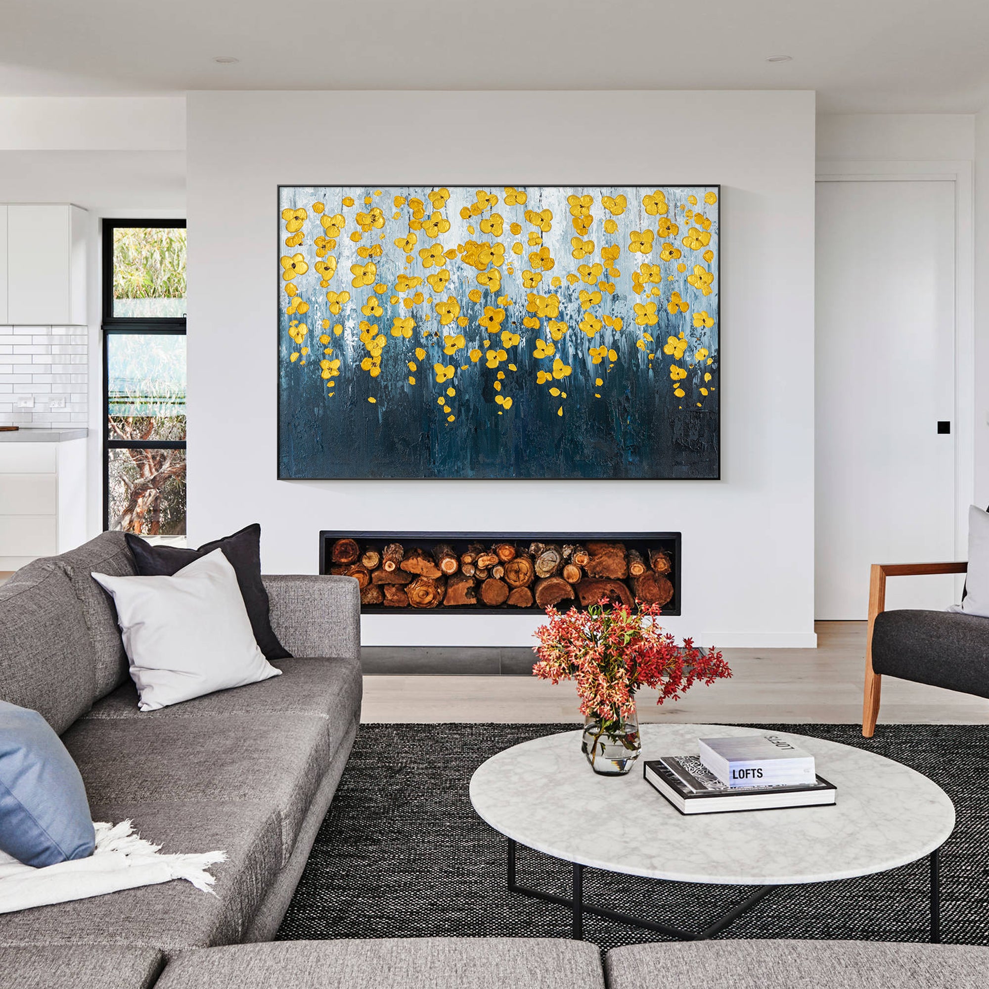 Navy Blue Gold Flower Art