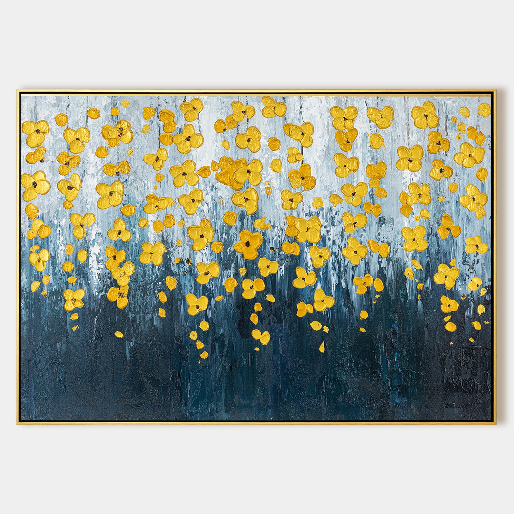 Navy Blue Gold Flower Art