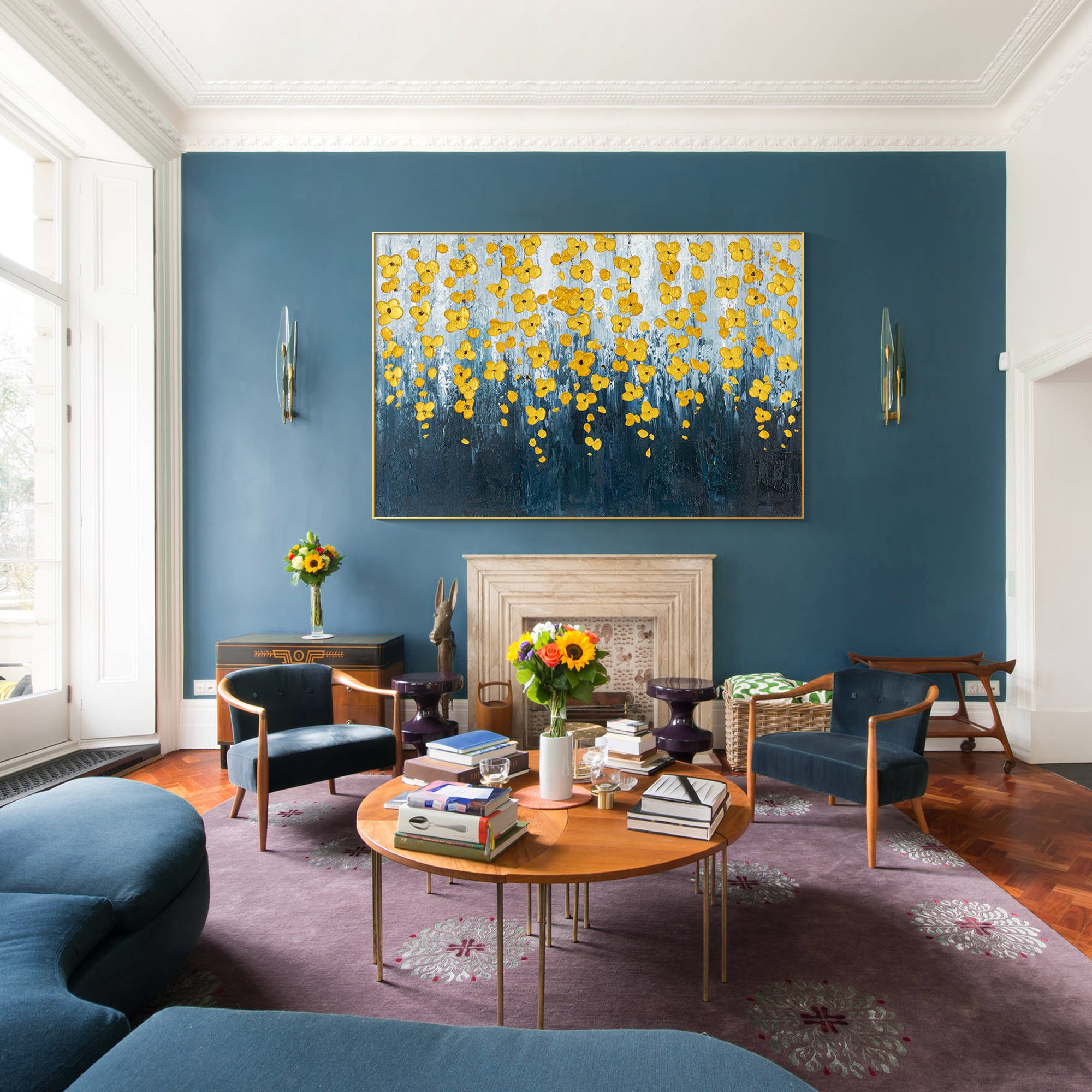 Navy Blue Gold Flower Art