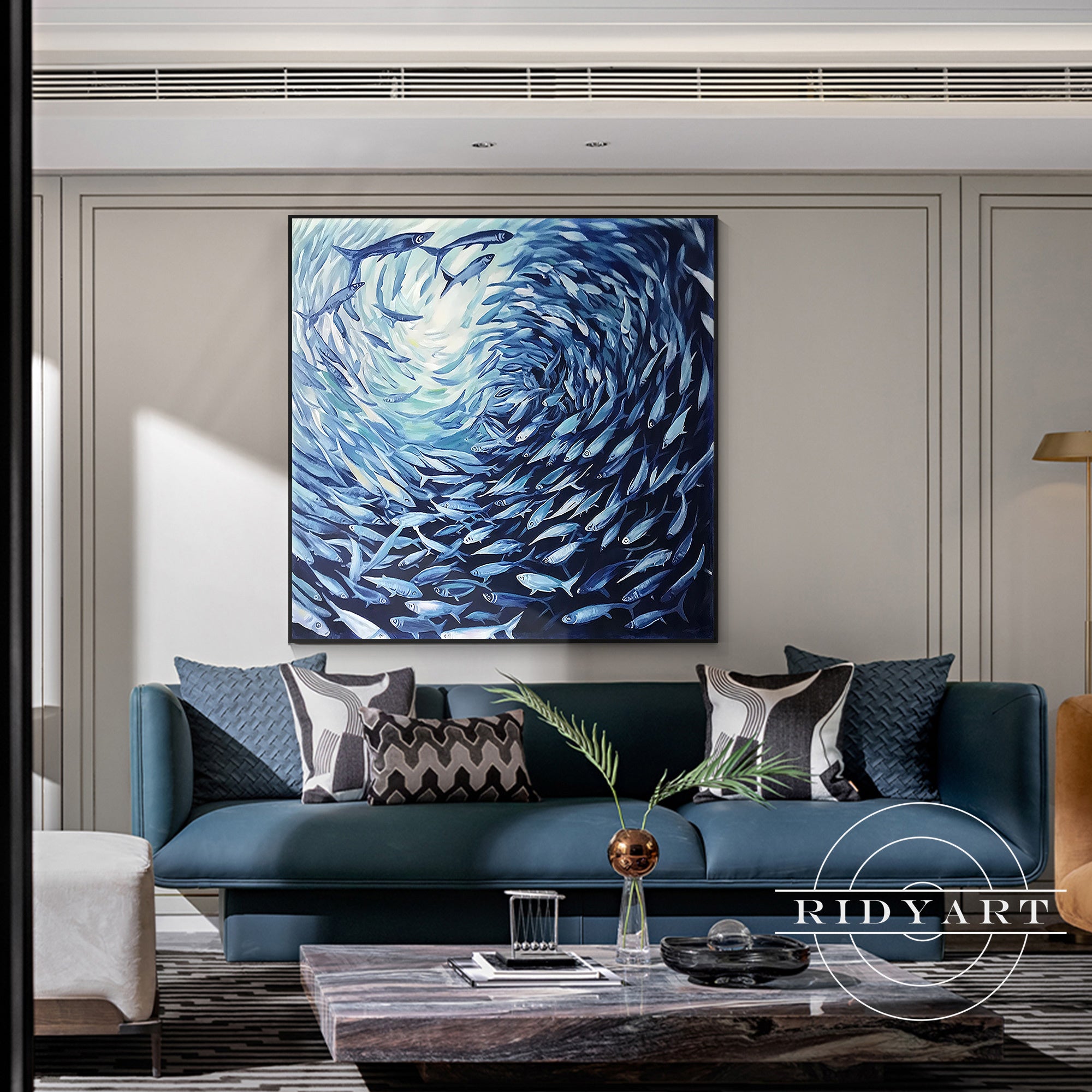 Original ocean-inspired artwork with swirling blue fish