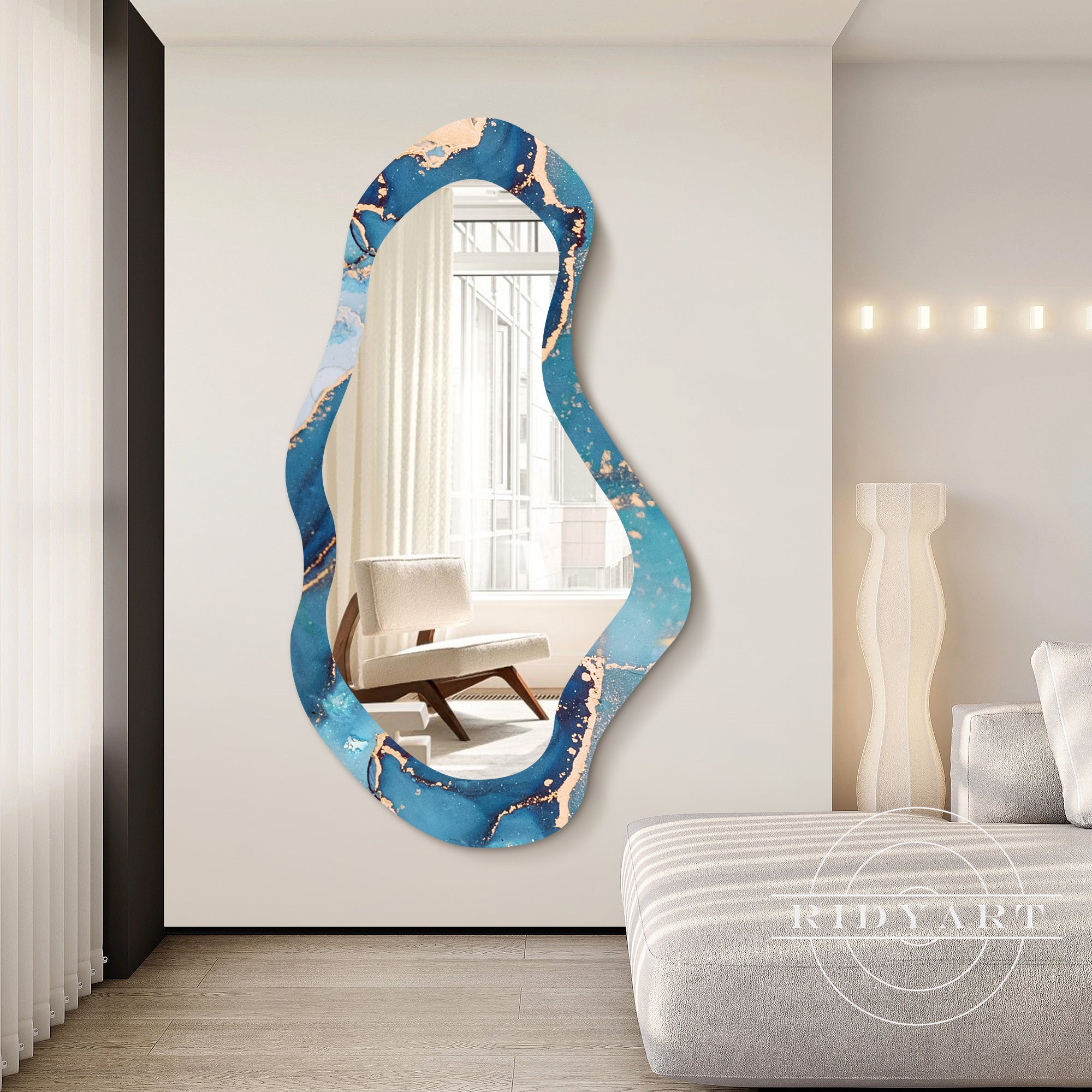 Blue and gold acrylic spray-painted shaped mirror