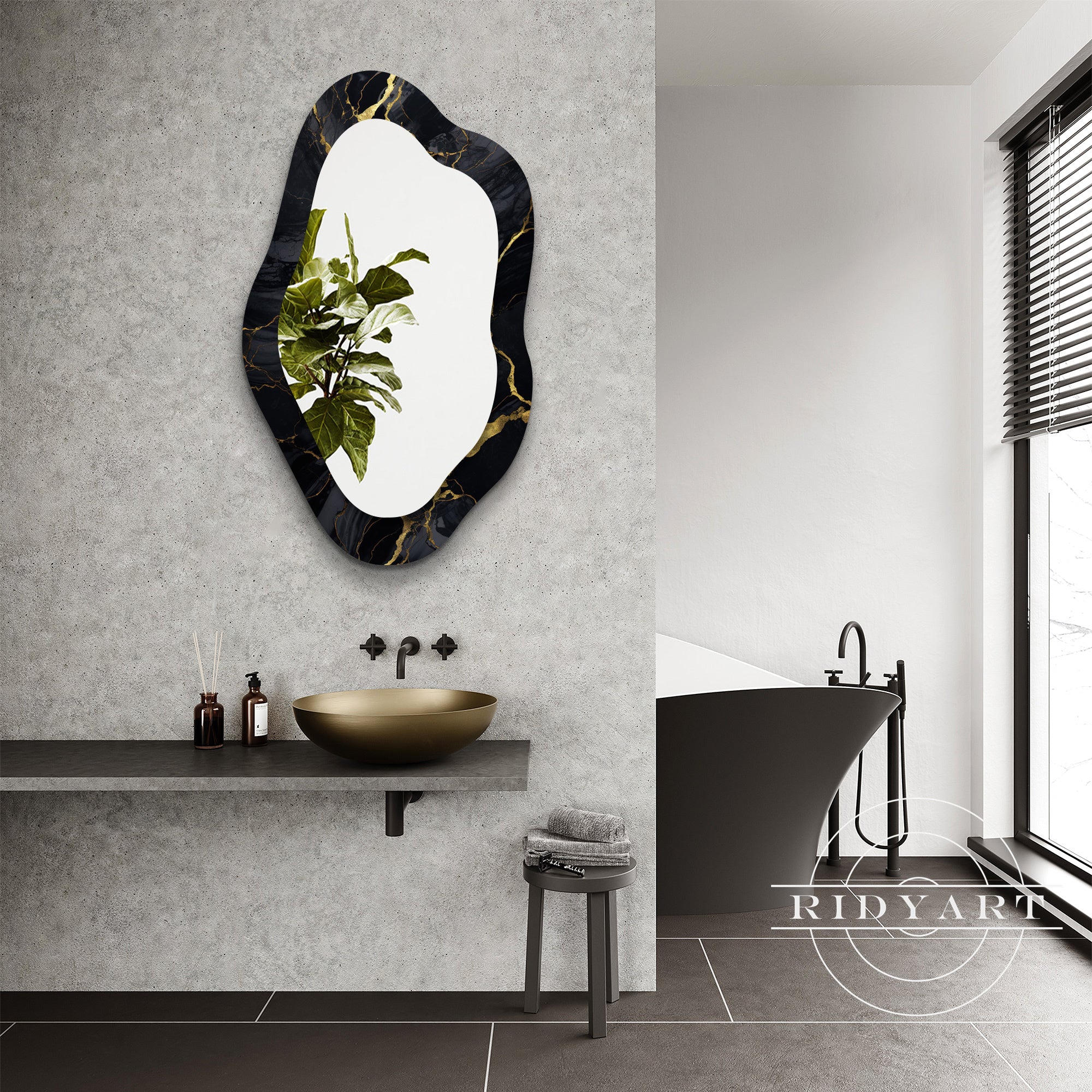 Black and gold acrylic spray-painted shaped mirror