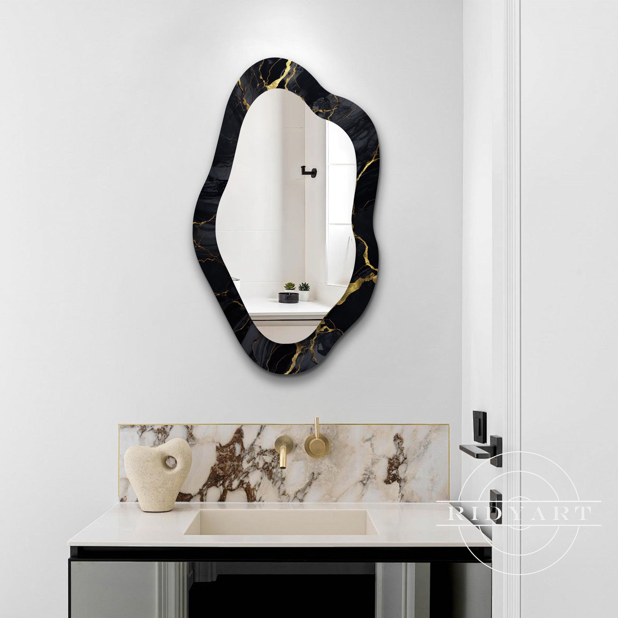 Modern artistic mirror with black and gold accents