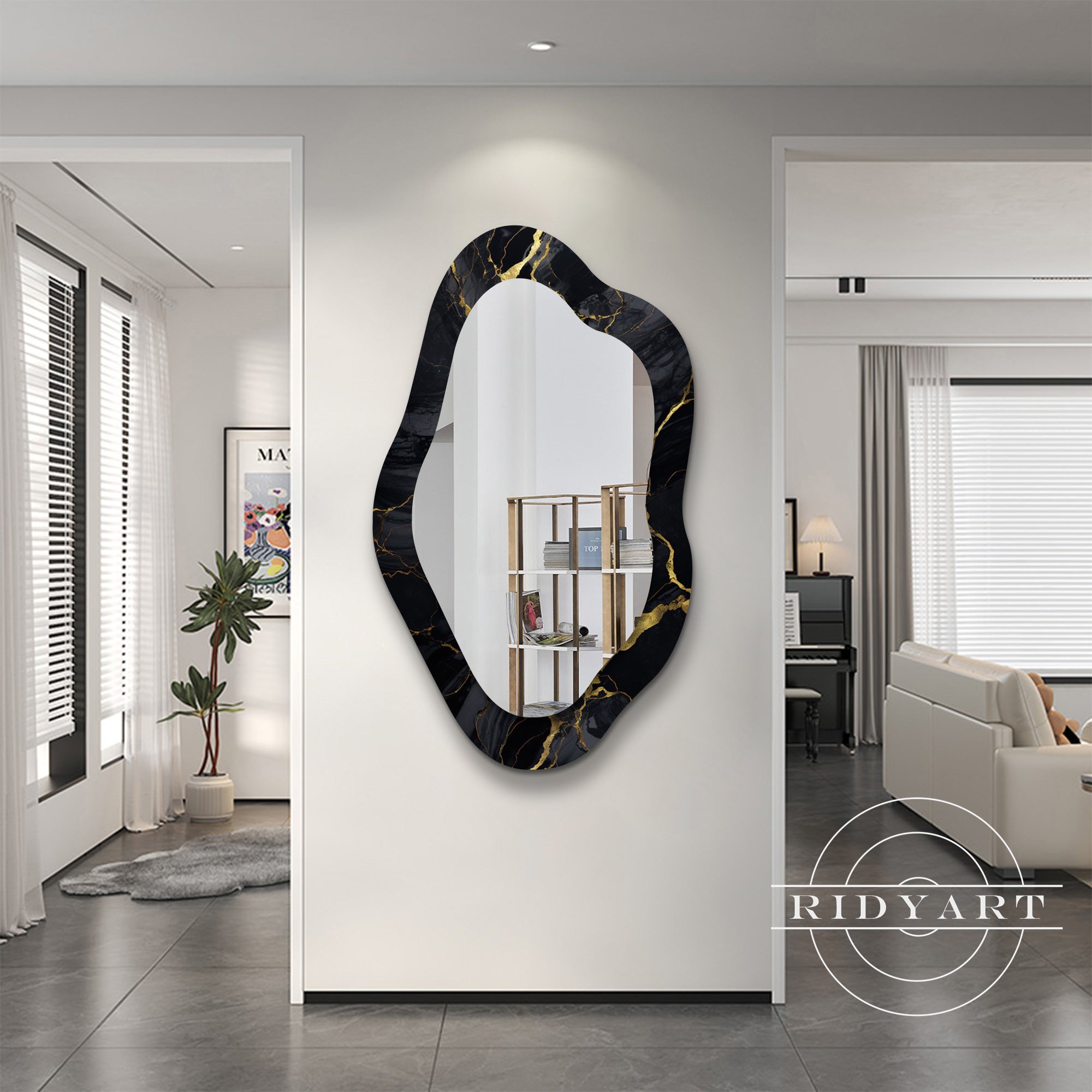Unique acrylic mirror with black and gold design