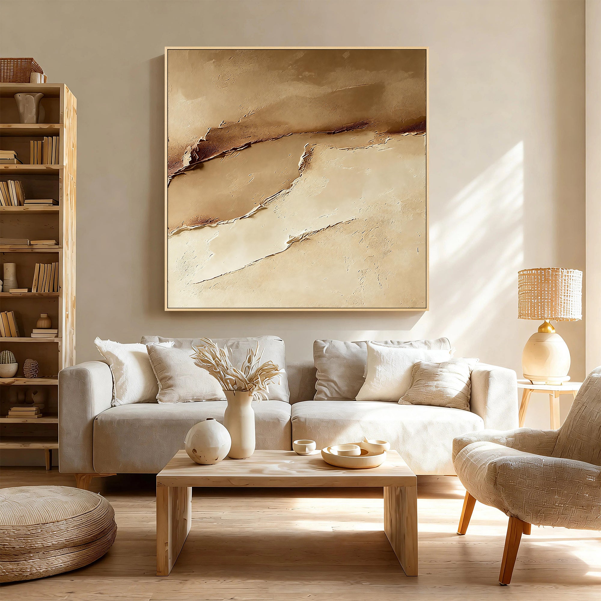 Beige textured abstract wall art above neutral living room sofa
