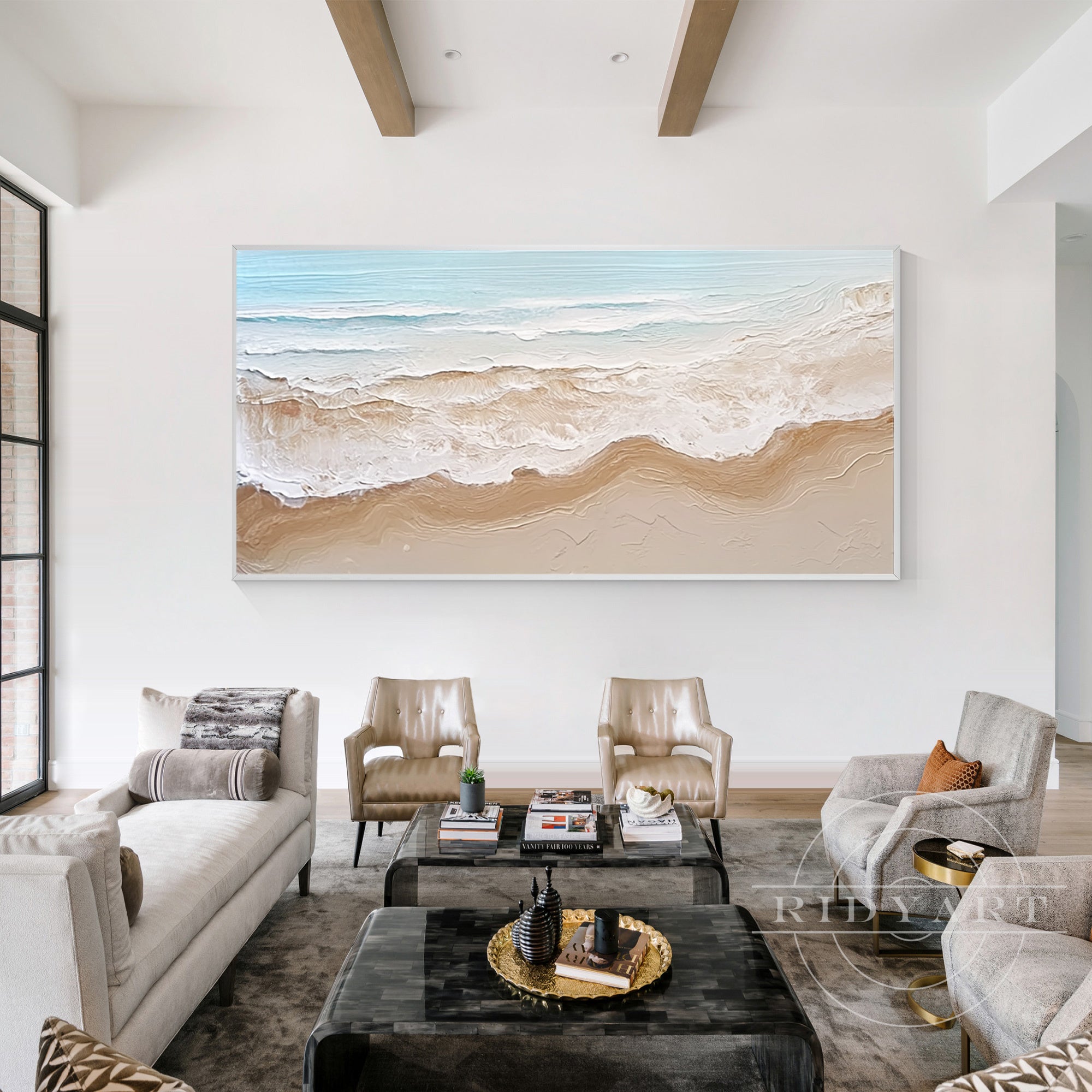 textured ocean canvas blue beige living room wall ar