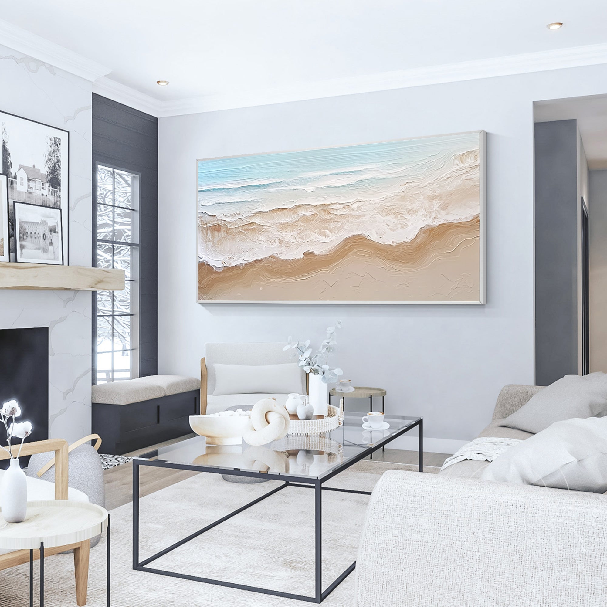 hand painted blue beige abstract sea wall art