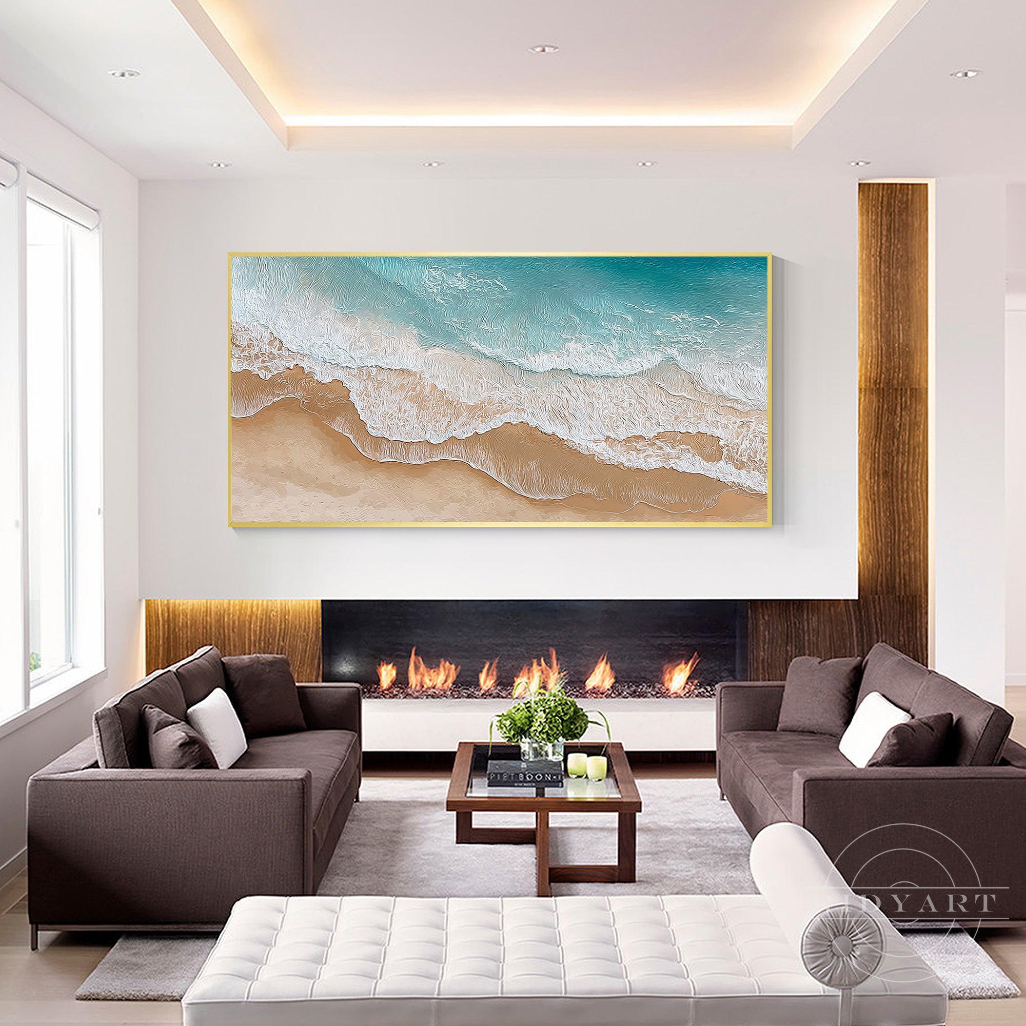 modern coastal wall art teal blue beige canvas