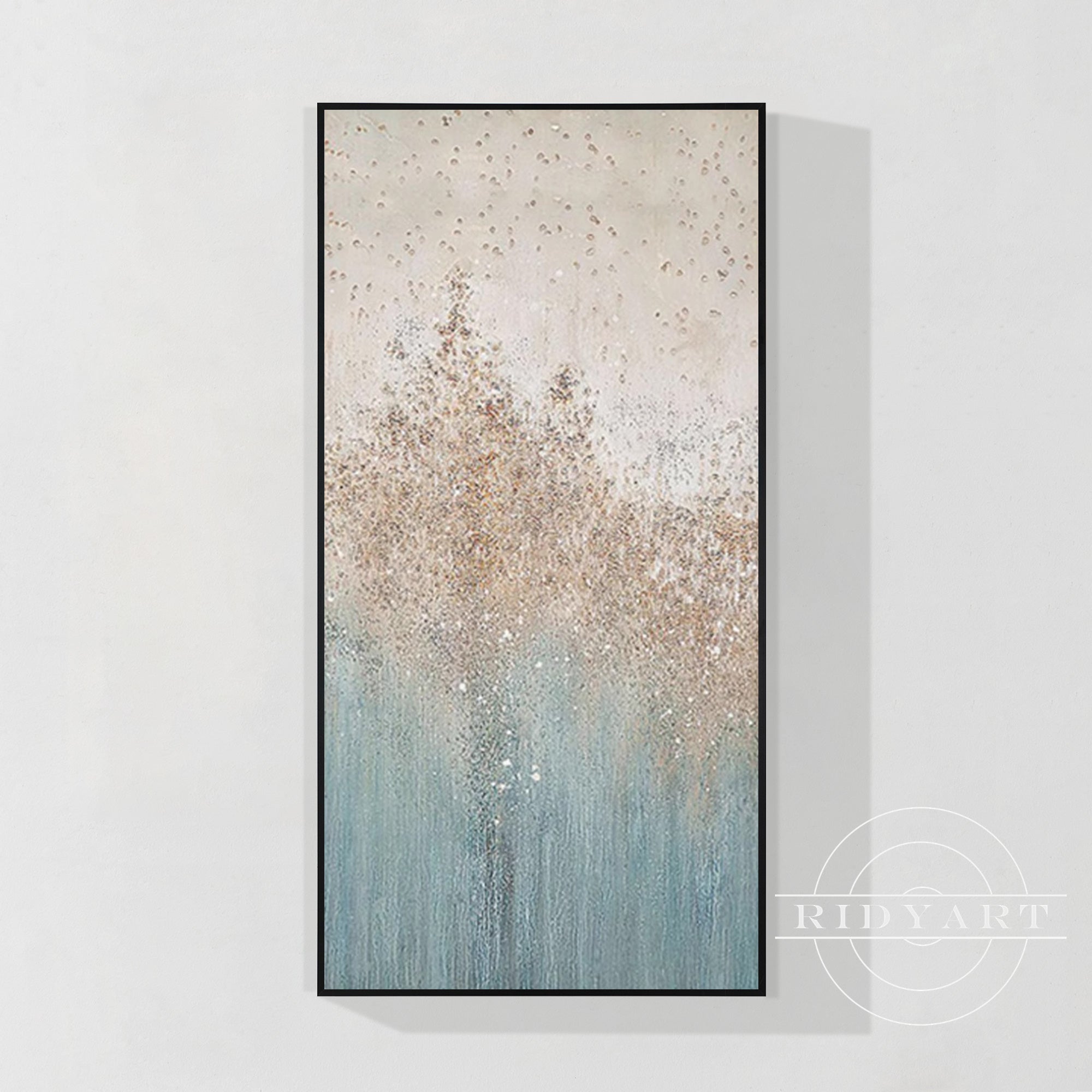 Abstracte kunst in blauw en goud.