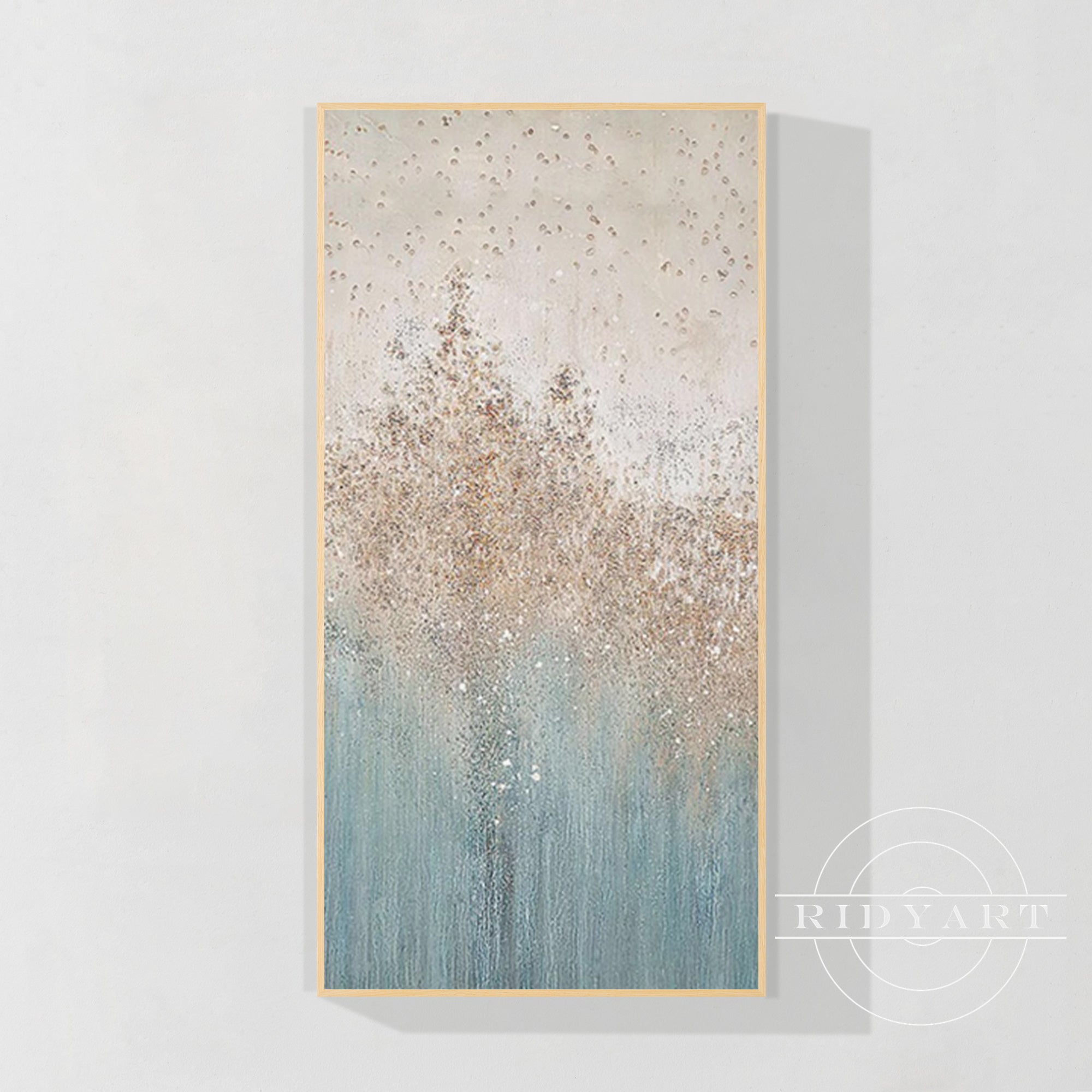 Abstracte kunst in blauw en goud.