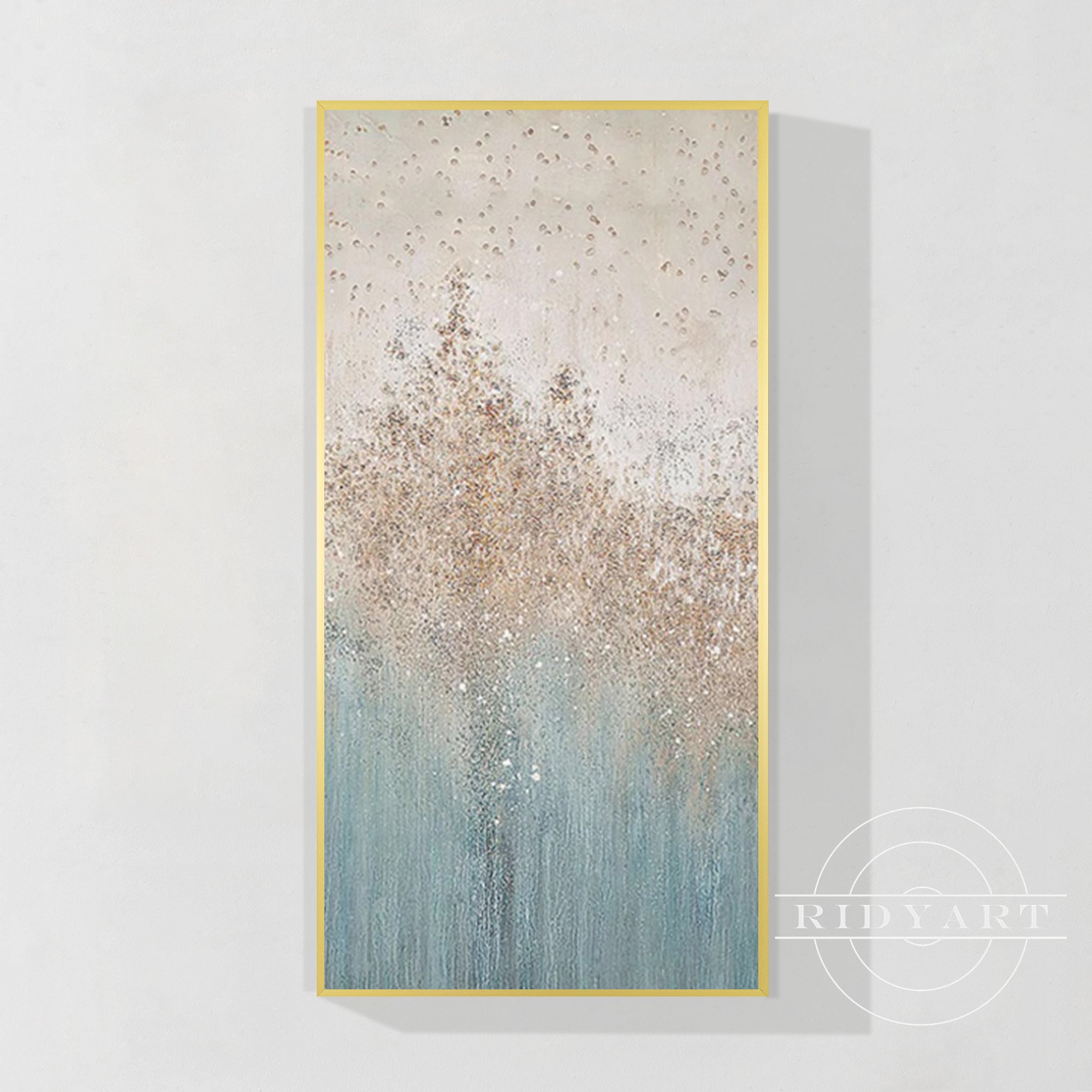 Abstracte kunst in blauw en goud.