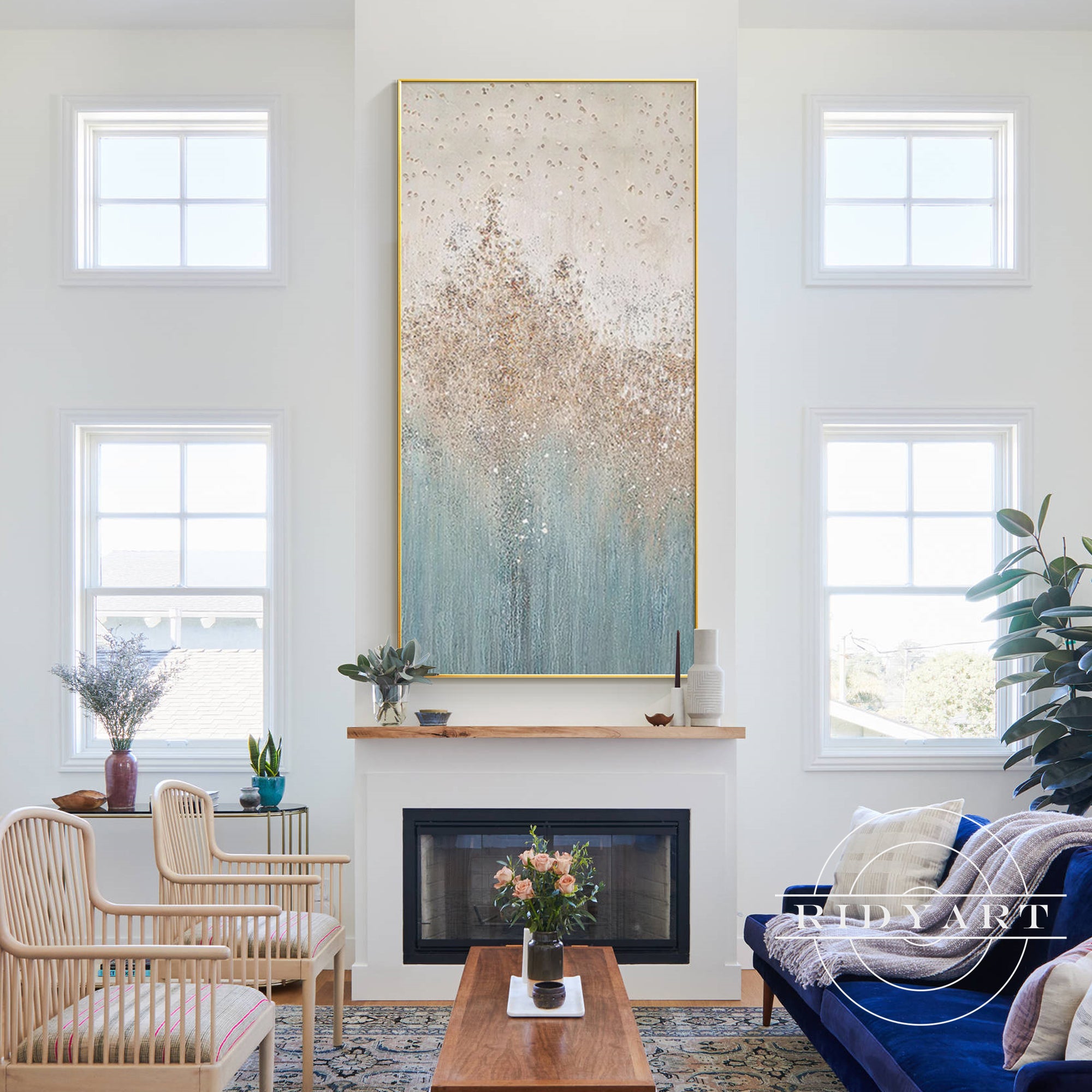 Abstracte kunst in blauw en goud.