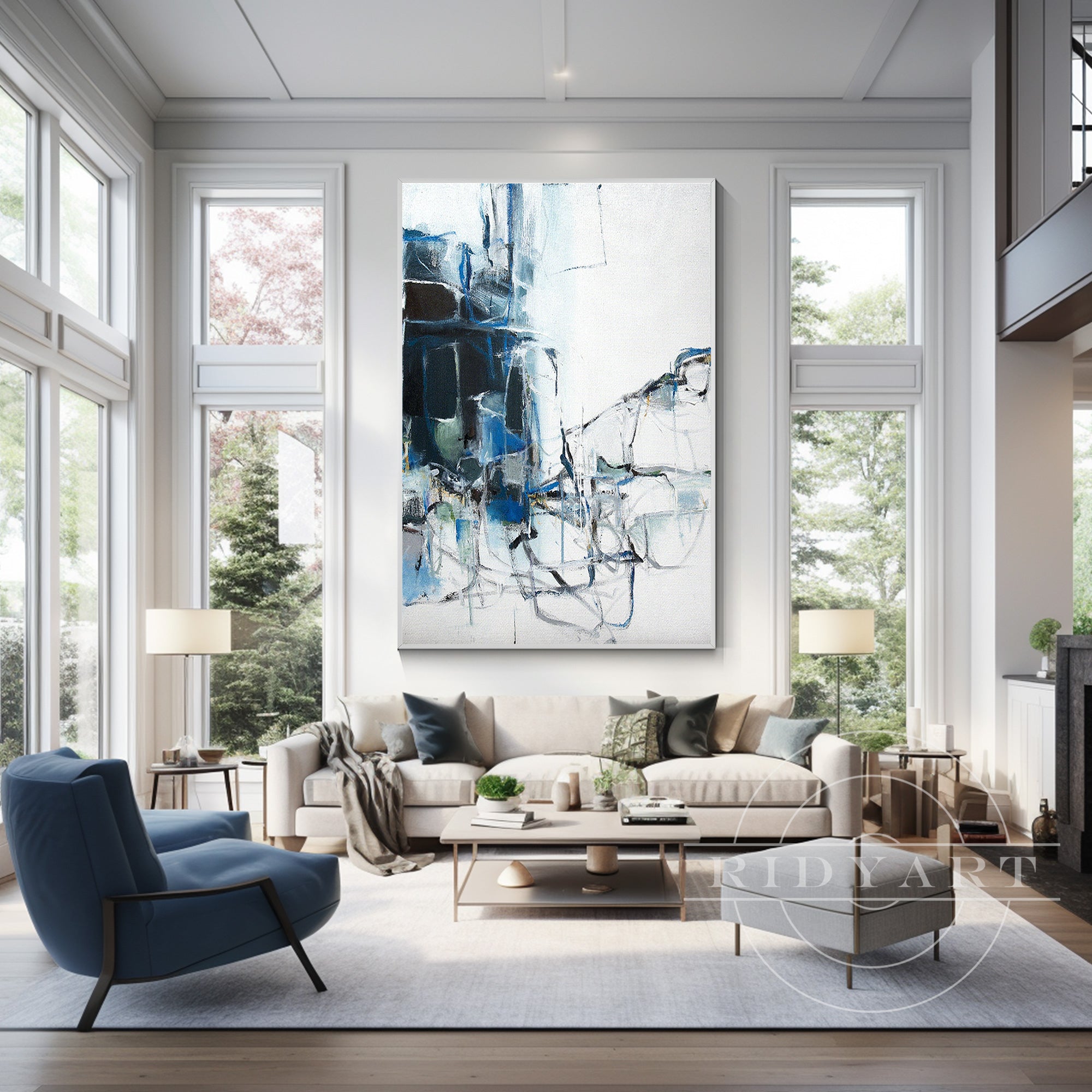 Vertical extra-large blue abstract painting with navy watercolor tones and textured details, framed for contemporary and minimalist wall decor.