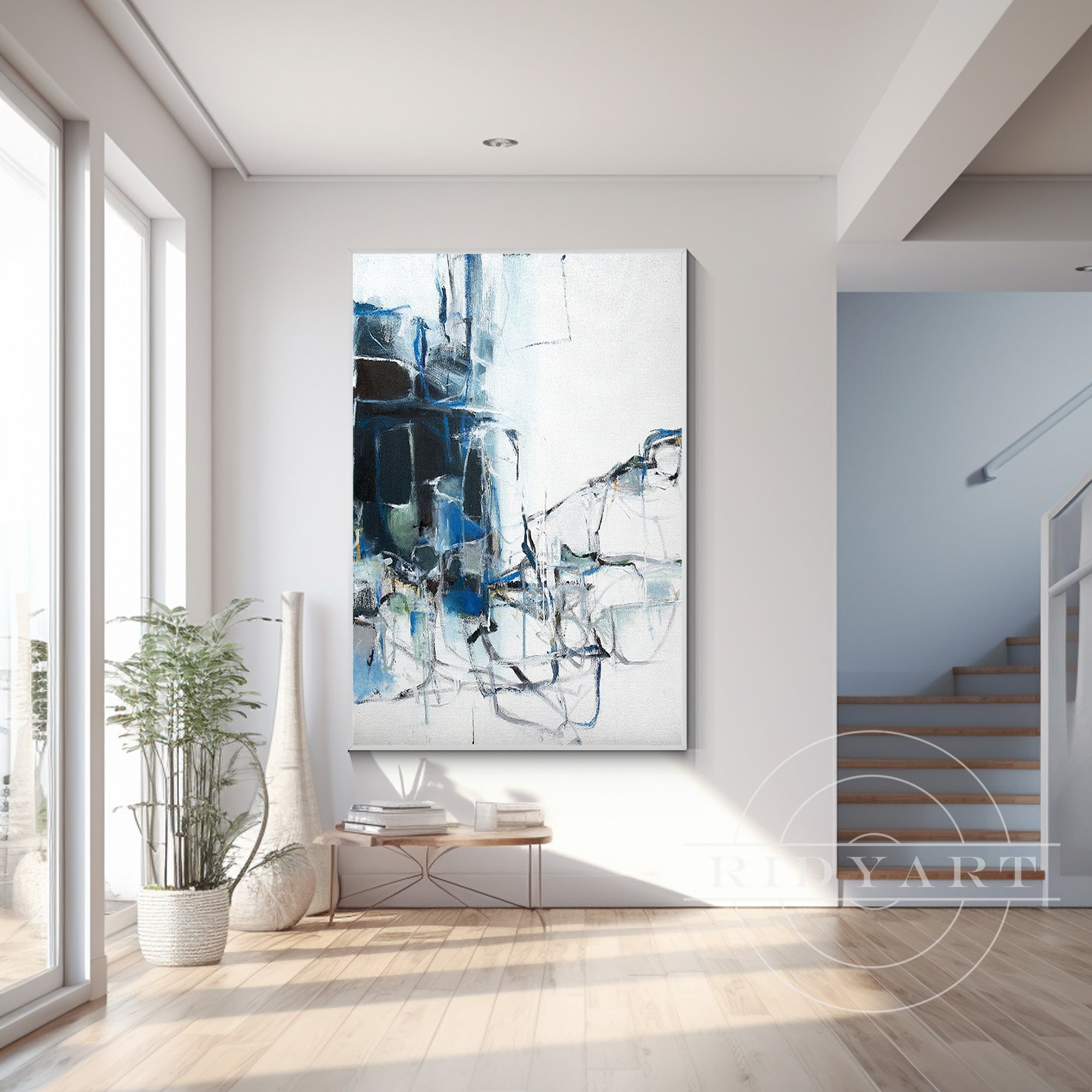 Vertical extra-large blue abstract painting with navy watercolor tones and textured details, framed for contemporary and minimalist wall decor.