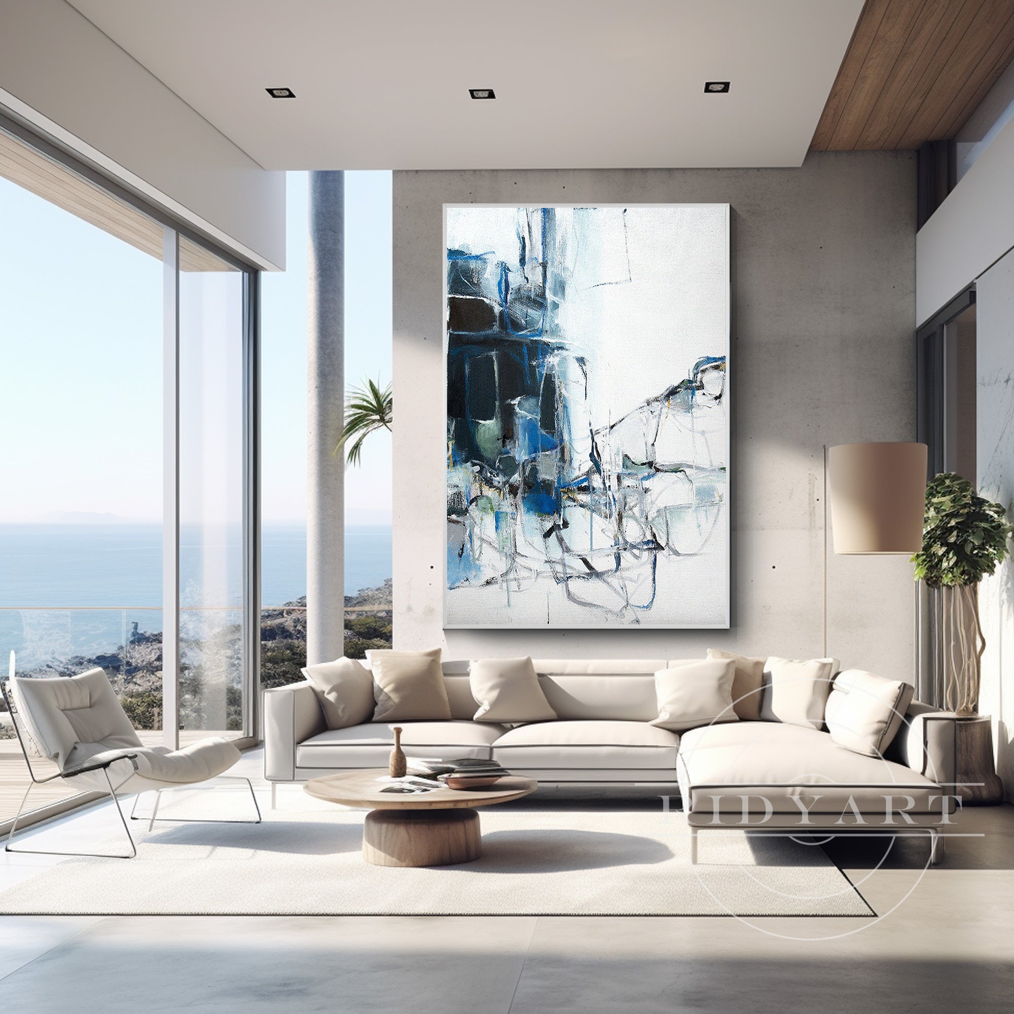 Vertical extra-large blue abstract painting with navy watercolor tones and textured details, framed for contemporary and minimalist wall decor.