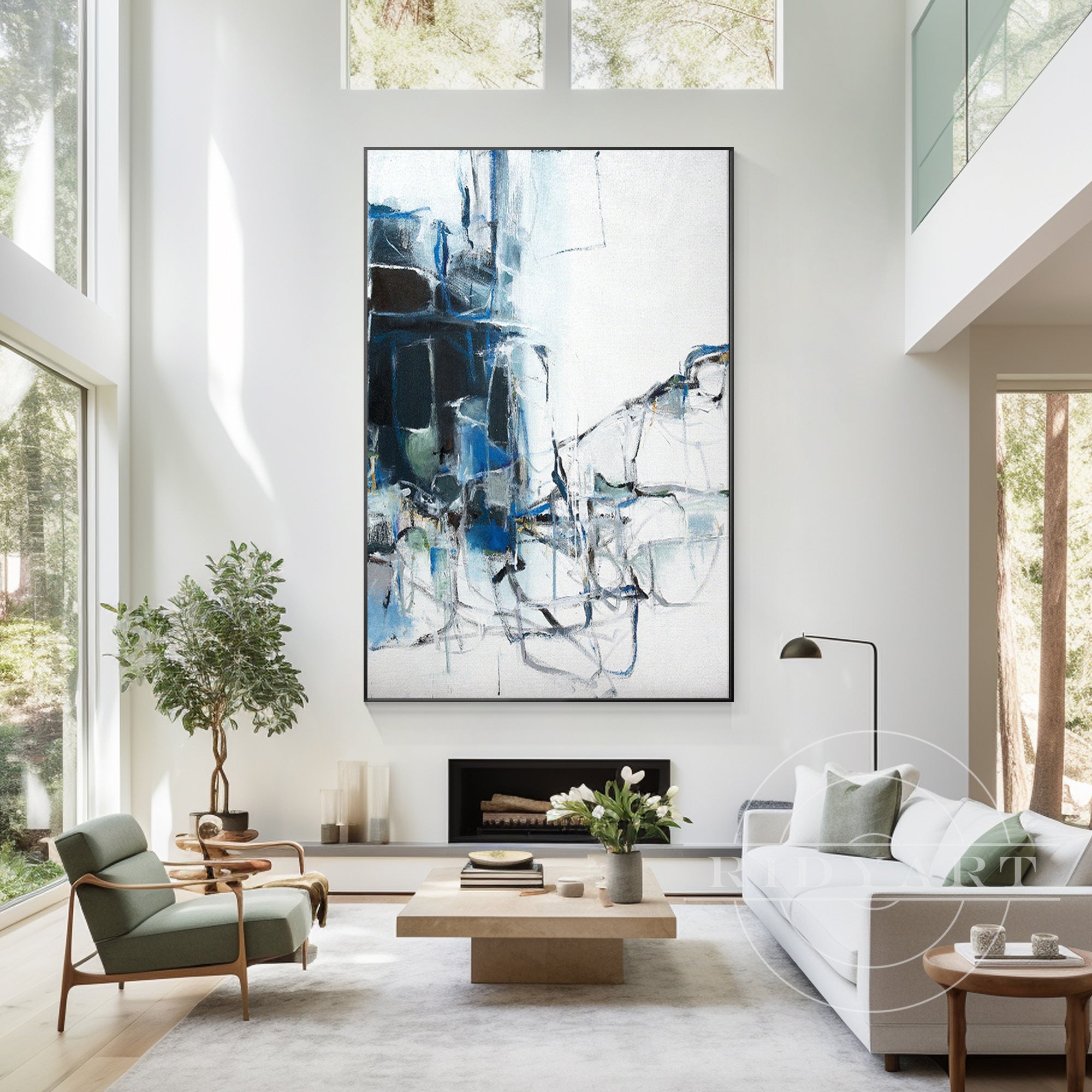 Vertical extra-large blue abstract painting with navy watercolor tones and textured details, framed for contemporary and minimalist wall decor.