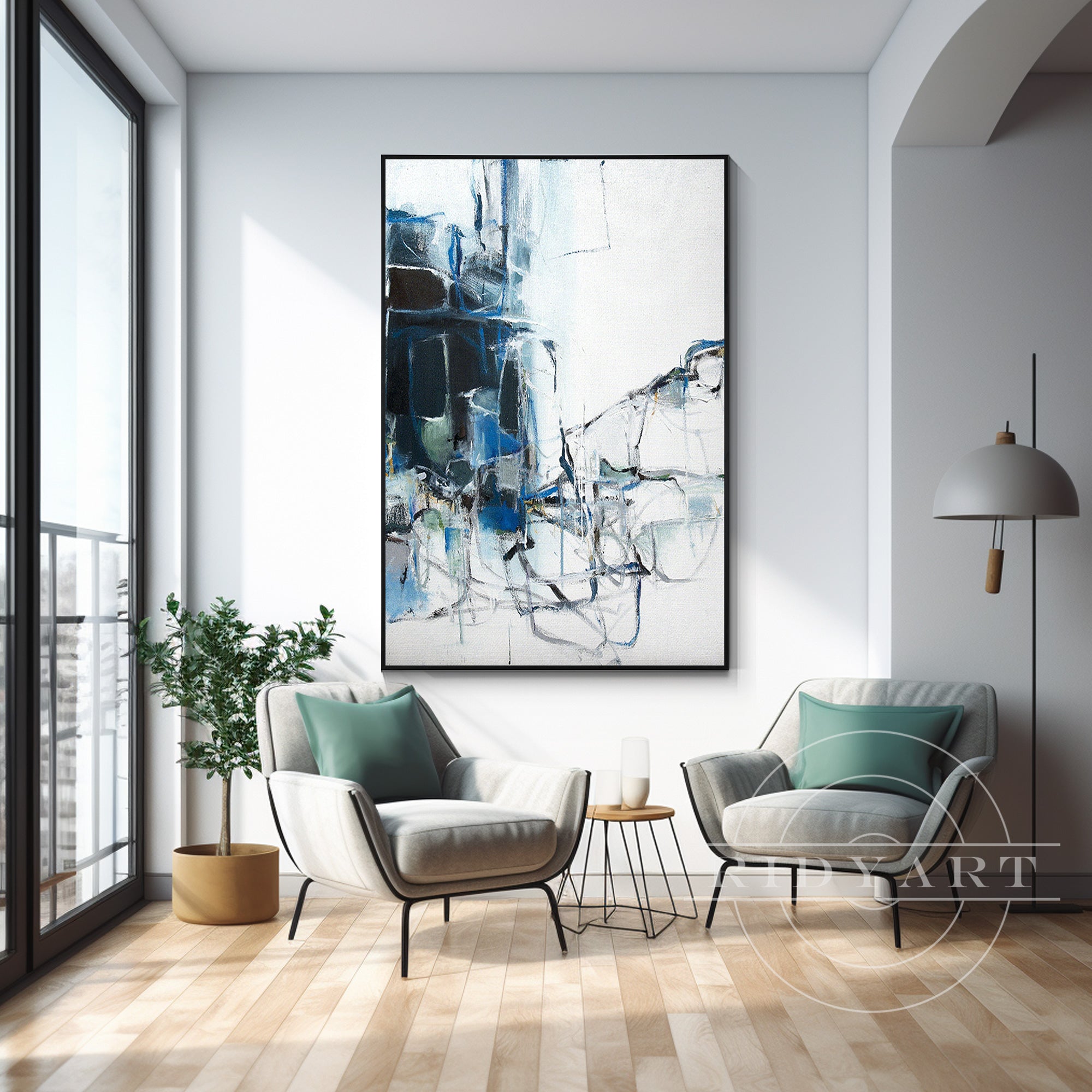 Vertical extra-large blue abstract painting with navy watercolor tones and textured details, framed for contemporary and minimalist wall decor.