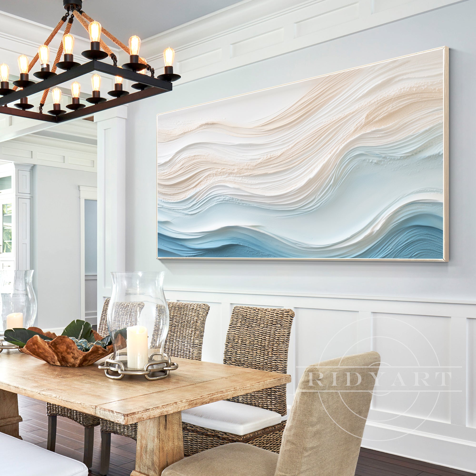 Abstract ocean wave painting in soft blue and beige, with 3D textures and a minimalist design, capturing the flow of waves in a cream-toned style.